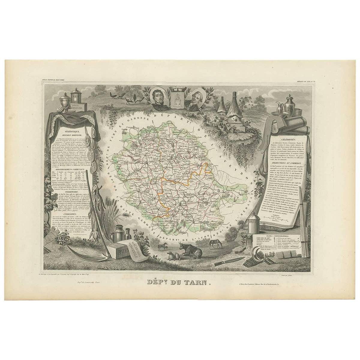 Antique Map of Tarn 'France' by V. Levasseur, 1854