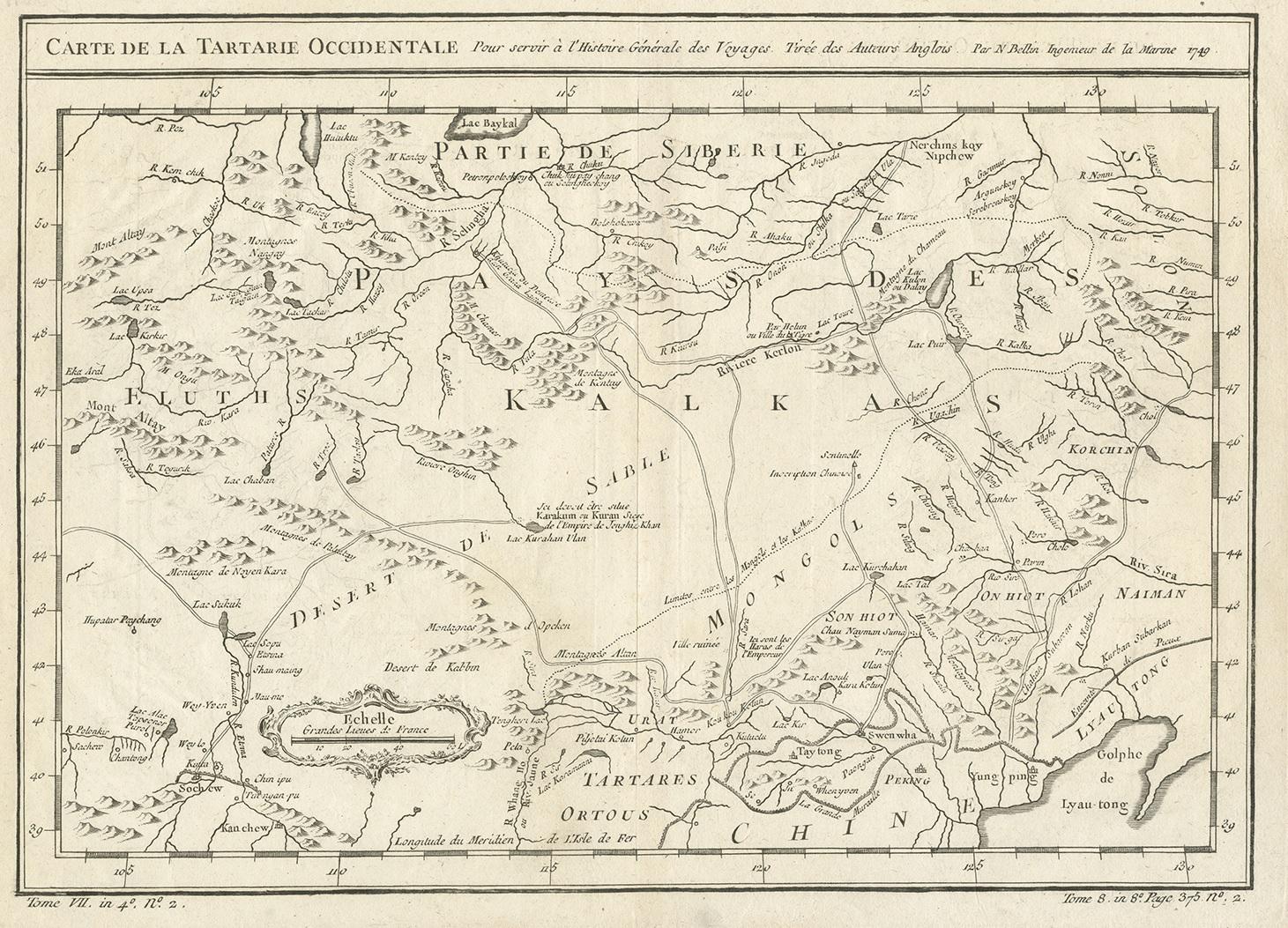 Antique map titled 'Carte de la Tartarie Occidentale'. Map of Tartary and northeast Asia, from Lake Baykal, Partie du Siberia in the north, Pays des Kalkas at the center, as well as Desert de Sable, and down to Chine and the Gulf de Lyau-tong.