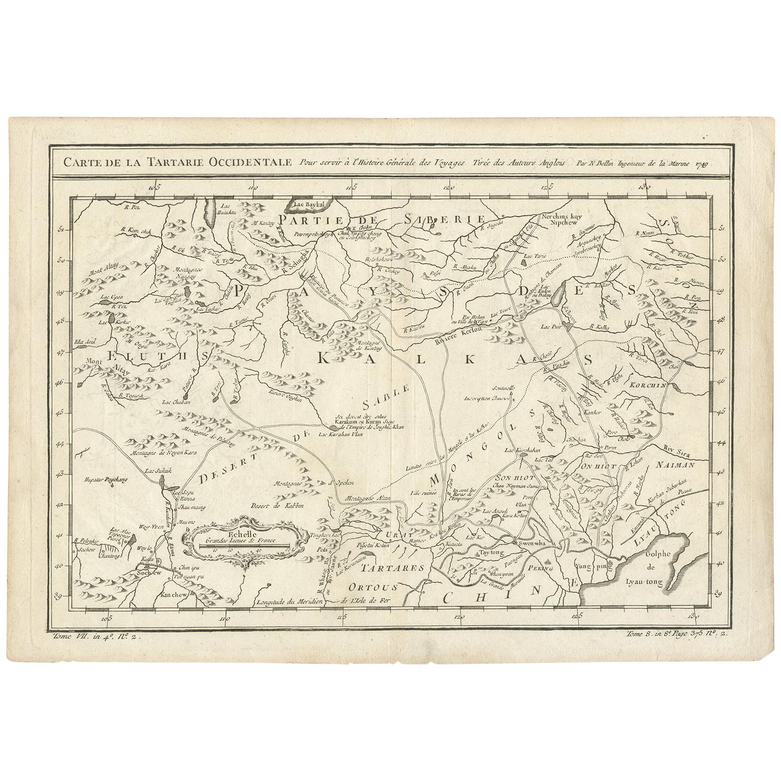 Carte ancienne de Tartary et d'Asie du Nord-Est par Bellin, datant d'environ 1750