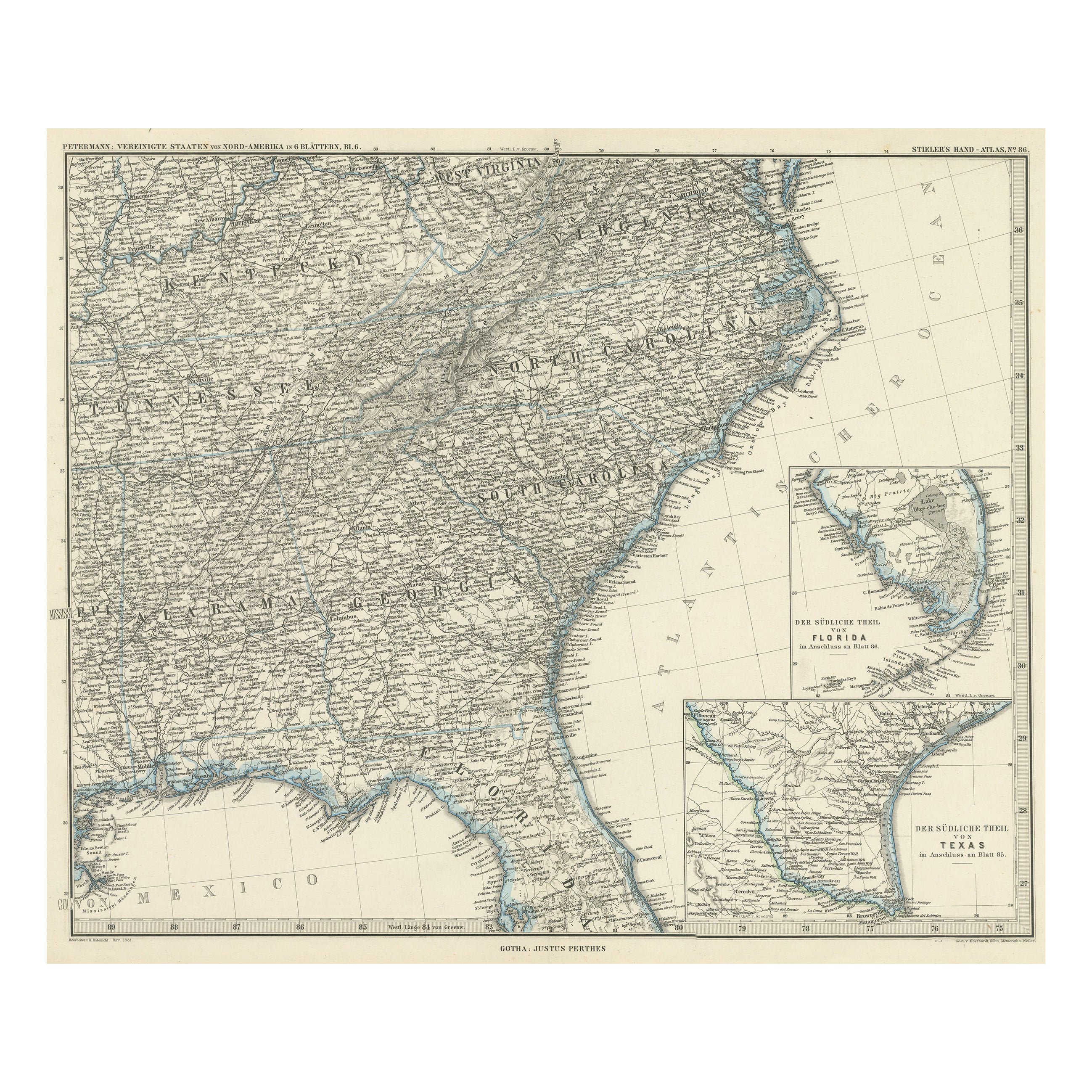 Carte ancienne du Tennessee, du Kentucky, de la Virginie, de l'Alabama, de la Gorgie et de ses environs