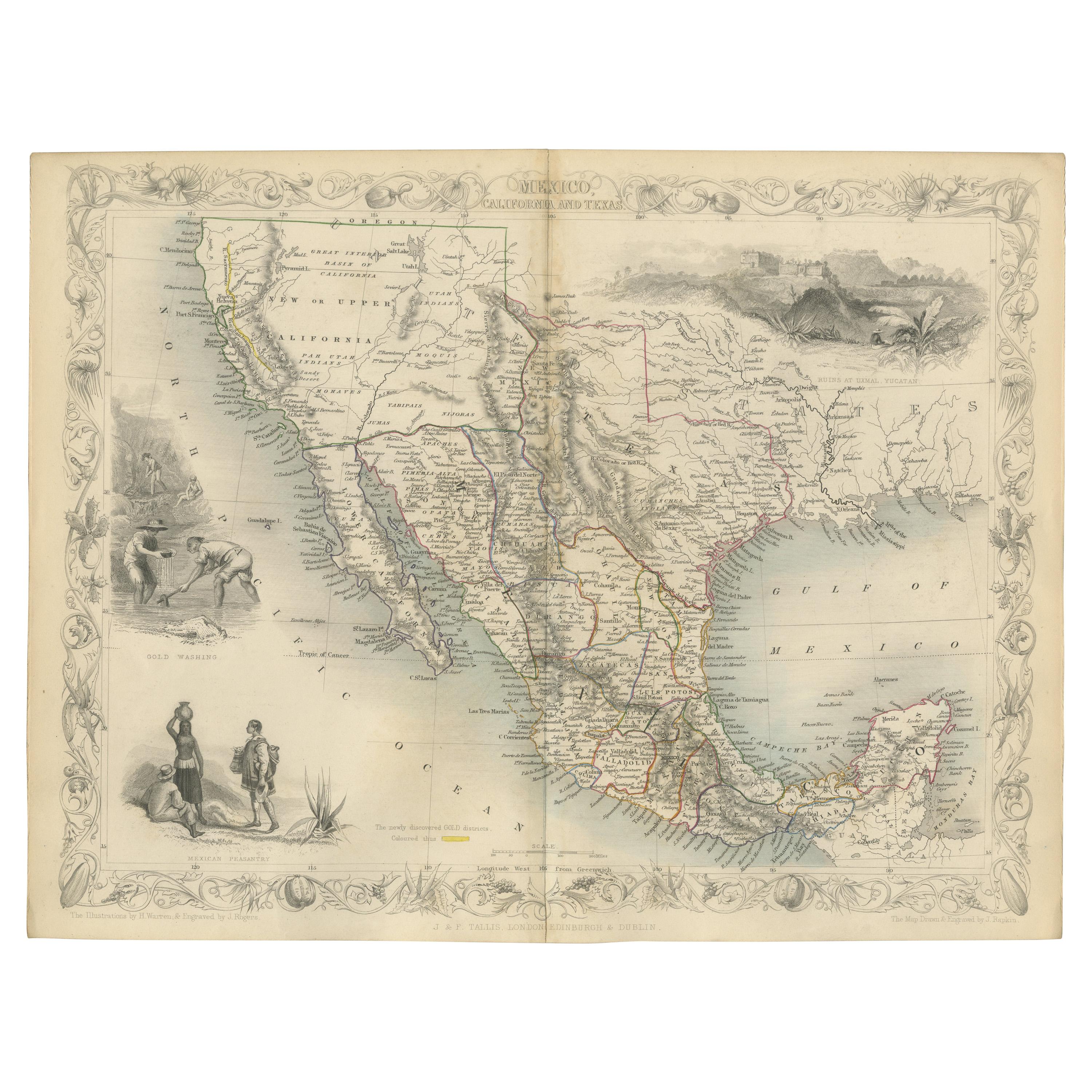 Antique Map of Texas, California and the Southwest by Tallis, c.1850