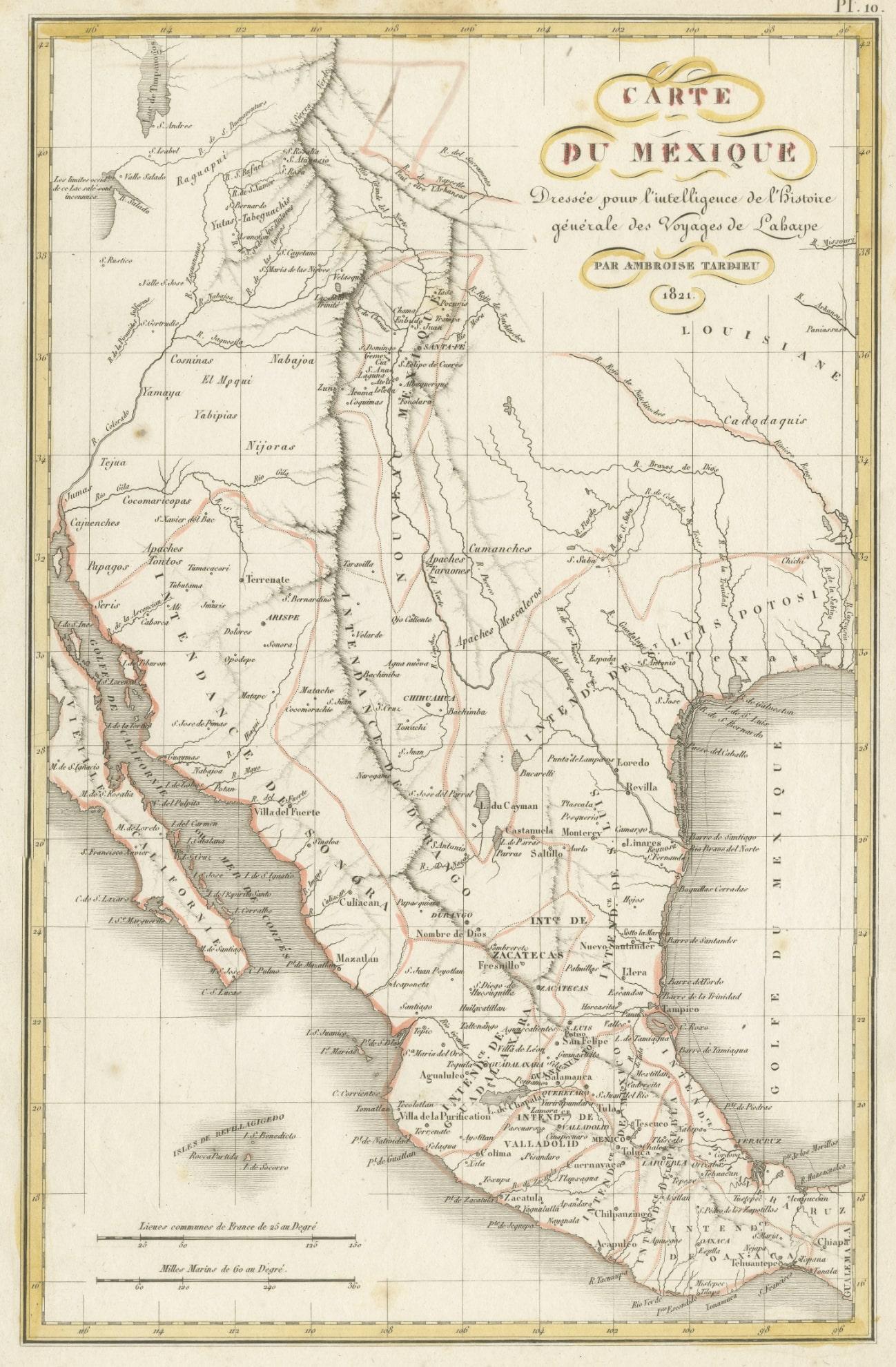 Antique map titled 'Carte du Mexique'. Fine Humboldt inspired map of Mexico, in the midst of its struggle for Independence from Spain, published the same year as Moses Austin obtained his first grant from the Spanish authorities to settle 300