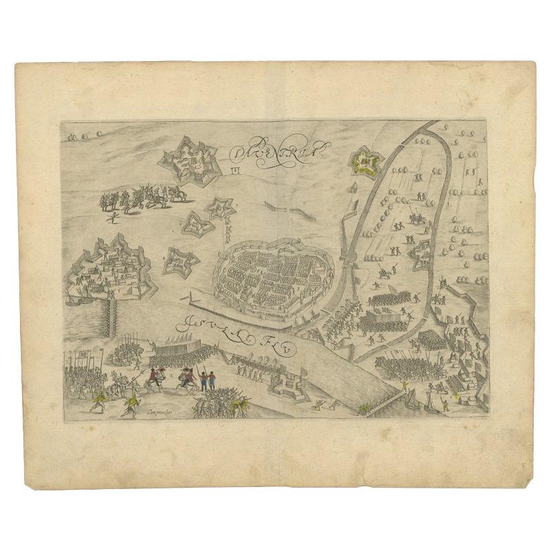 Antique map titled 'Daventria'. Old map of the city of Deventer, the Netherlands. The print illustrates the siege and occupation of Deventer by the State army under command of prince Maurits on 10 June 1591. It shows the city of Deventer and the