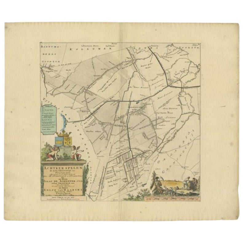 Mappa antica del comune di Achtkarspelen, Frisia, Paesi Bassi, 1718