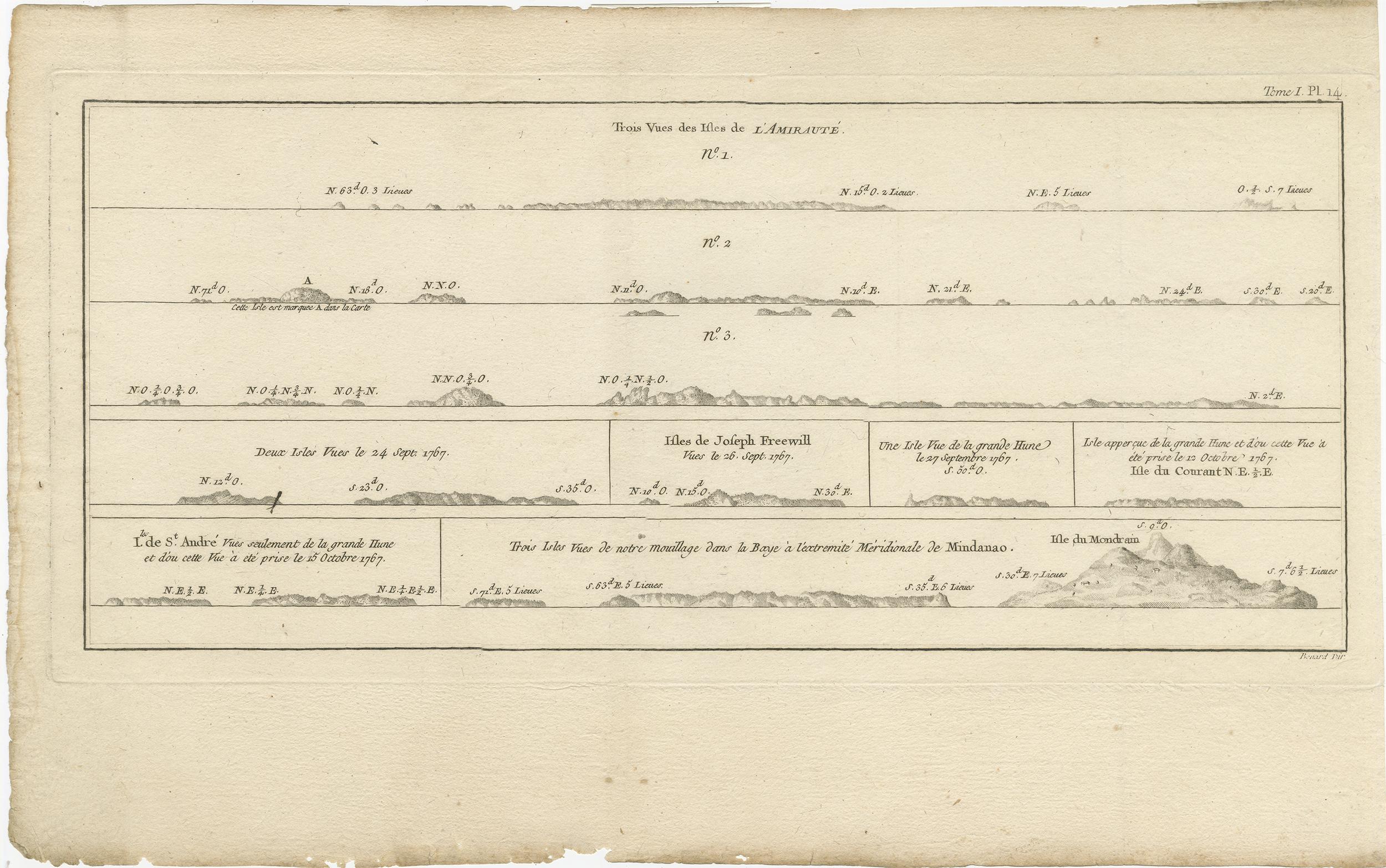 Antike Karte mit dem Titel 'Trois Vues des Isles de l'Amirauté'. Mehrere Küstenansichten der Admiralitätsinseln, Bismarck-Archipel, nördlich von Neuguinea im Südpazifik.

Veröffentlicht in einer Ausgabe von John Hawkesworths Atlas, der eine