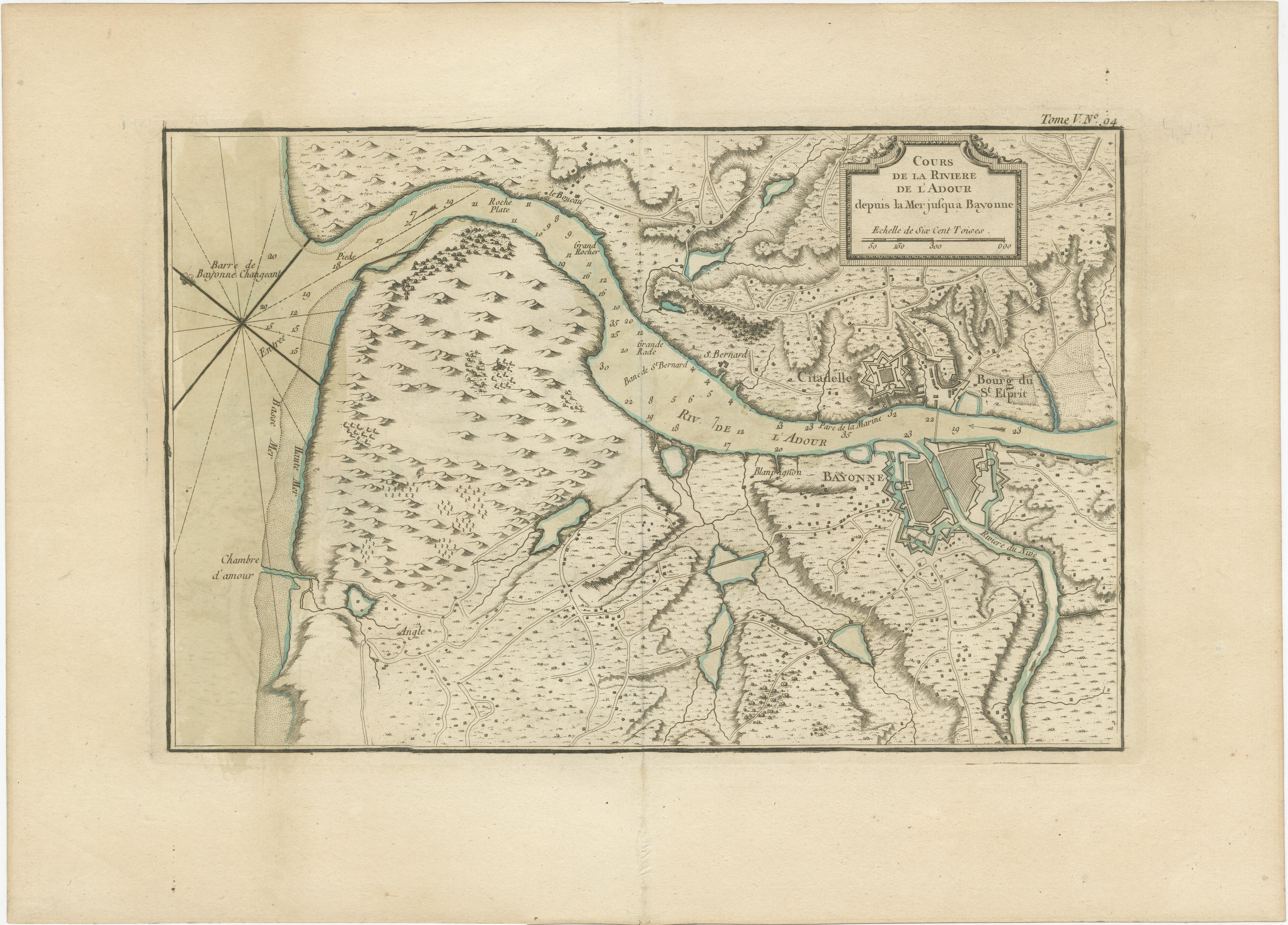 Antique map titled 'Cours de la riviere de l'Adour depuis la mer jusqua Bayonne'. Original old map of the Adour river, near Bayonne, France. This map originates from 'Le Petit Atlas Maritime (..)' by J.N. Bellin. Published 1764. 

Bellin was an