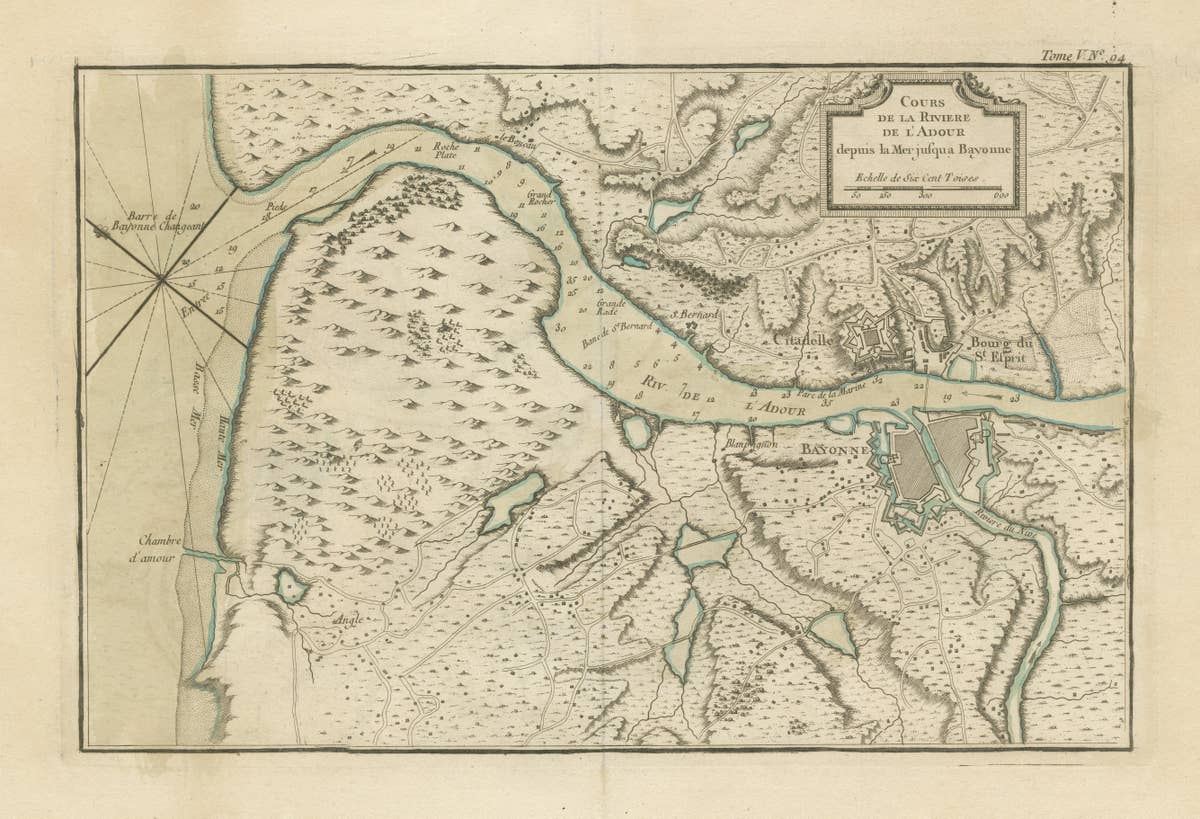 Antique Map of the Adour River, Near Bayonne, France