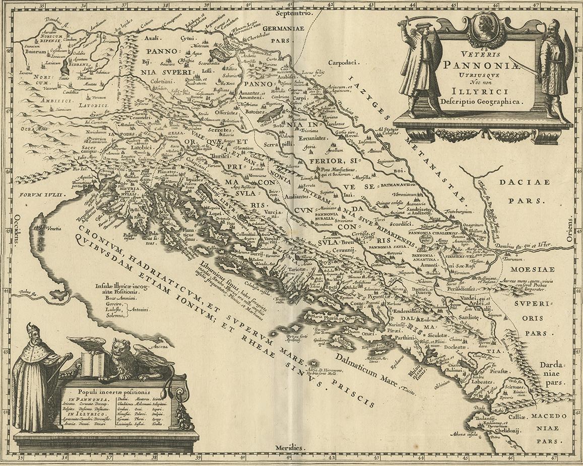 Striking large-scale map of the Greater Balkans. Decorated with two large-scale cartouches, one showing two swordsman at odds with one another and the other a royal figure holding a sceptre looking over towards a winged lion.