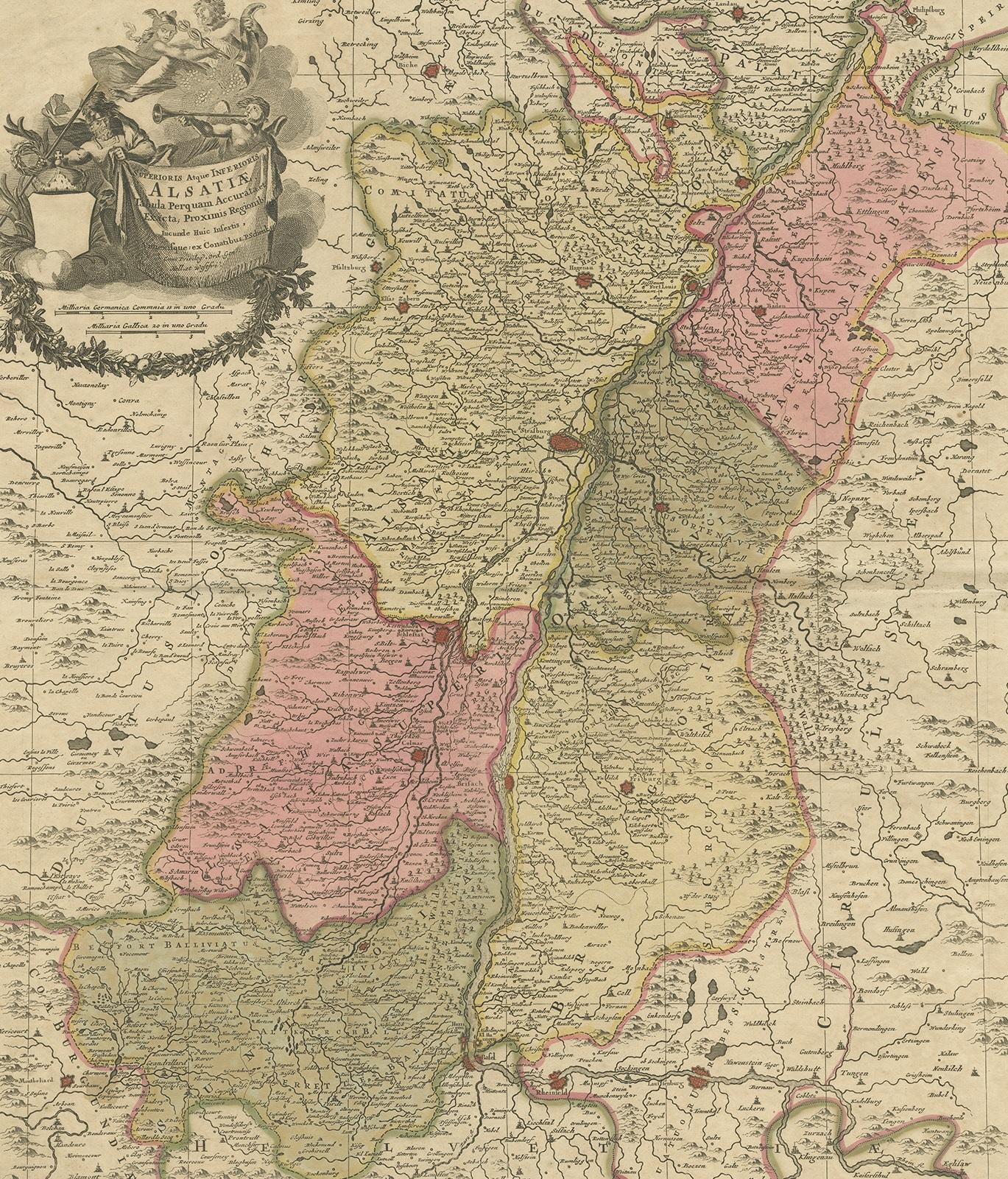 Antique map titled 'Superioris atque Inferioris Alsatiae'. Beautiful map of the Alsace region, from Basel in the south to Philipsburg in the north, centered on Strassburg. Published by P. Schenk, circa 1700.