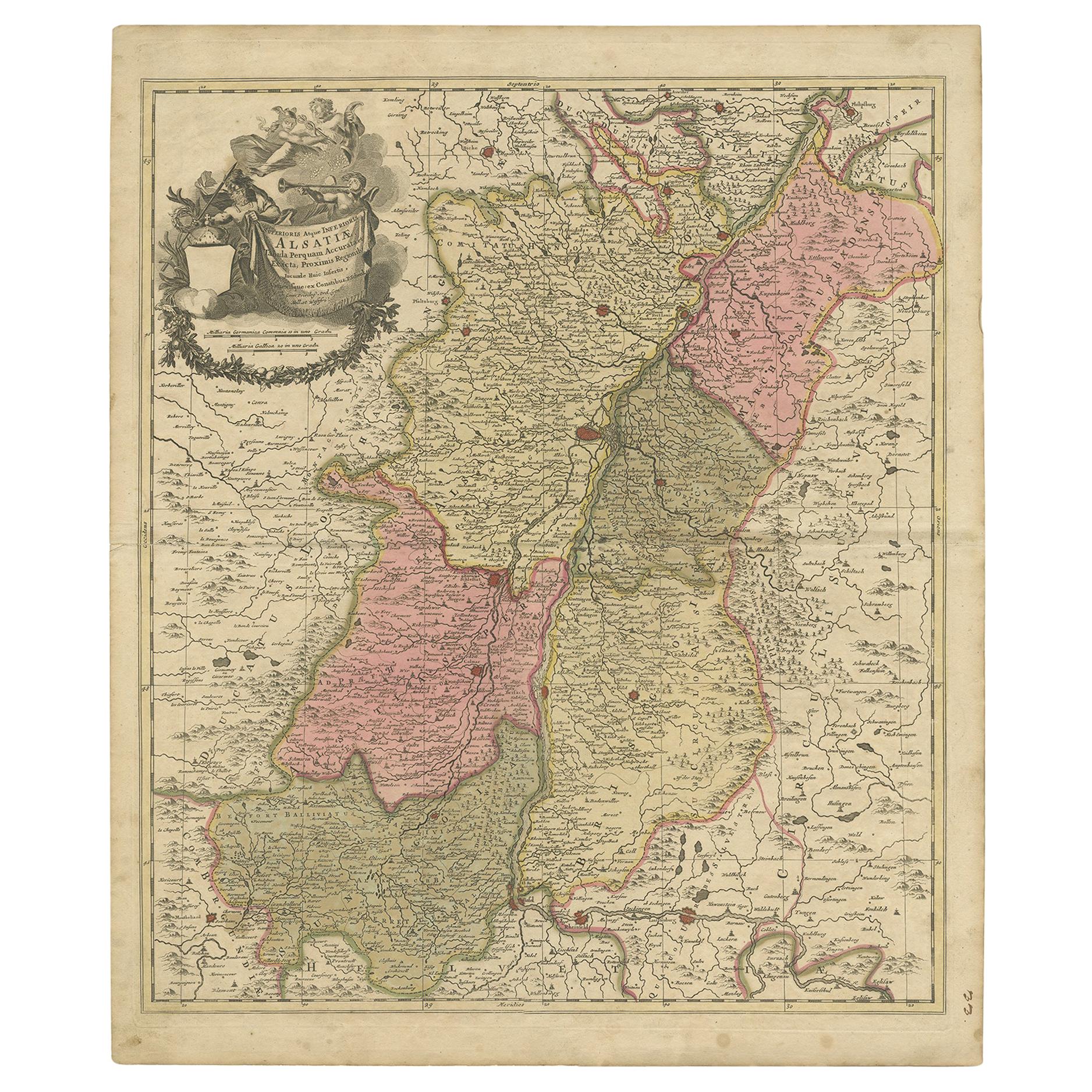 Carte ancienne de l'Alsace en France par Schenk 'circa 1700'.