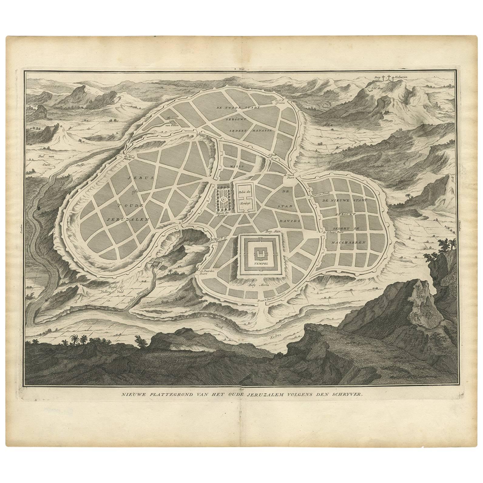 Mappa antica dell'antica città di Gerusalemme di A. Calmet, 1725