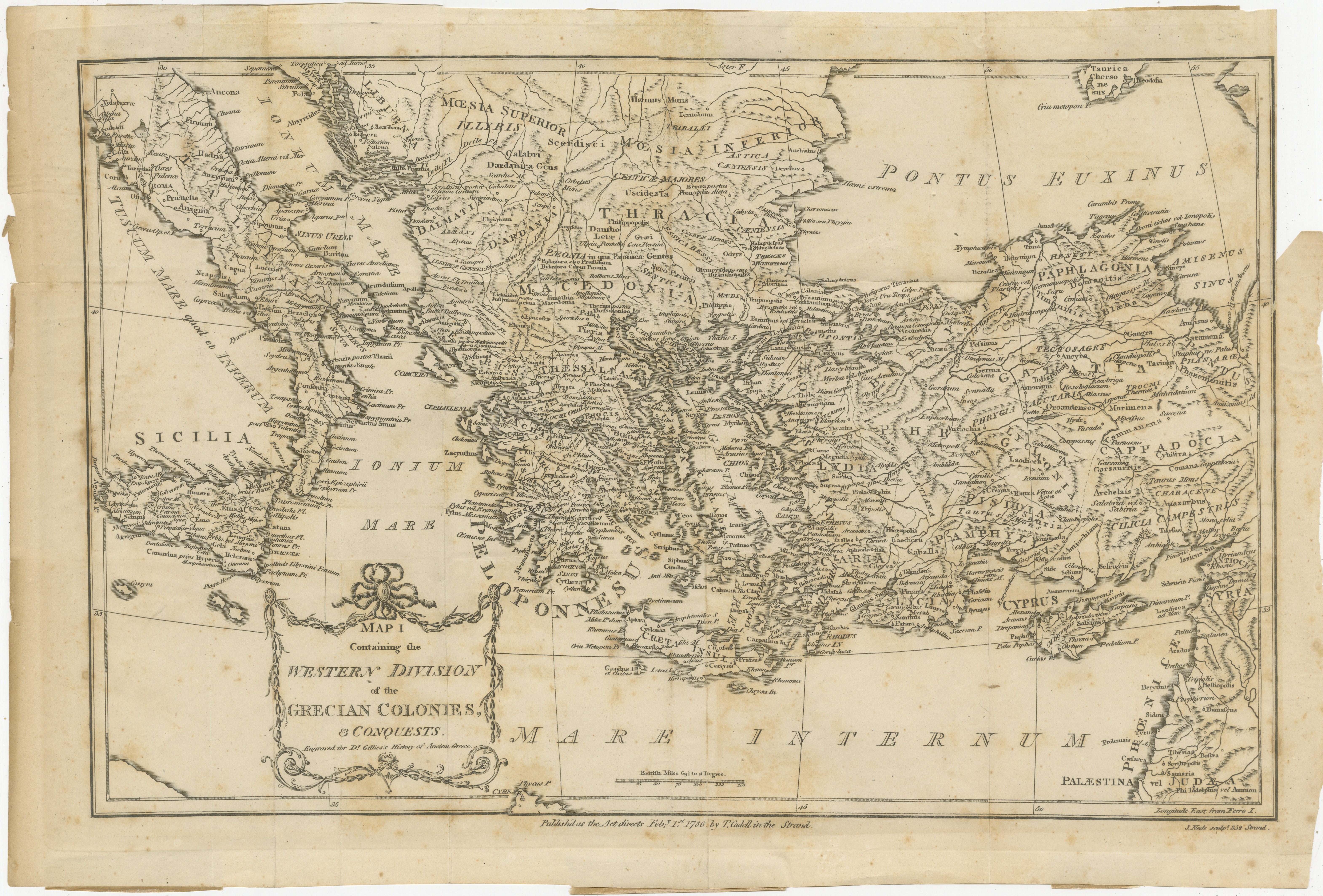 Antique map titled 'Map I containing the Western Division of the Grecian Colonies & Conquests'. Original antique map of the ancient Greek colonization. Frontispiece map of 'The History of Ancient Greece, Its Colonies, and Conquests
From the Earliest