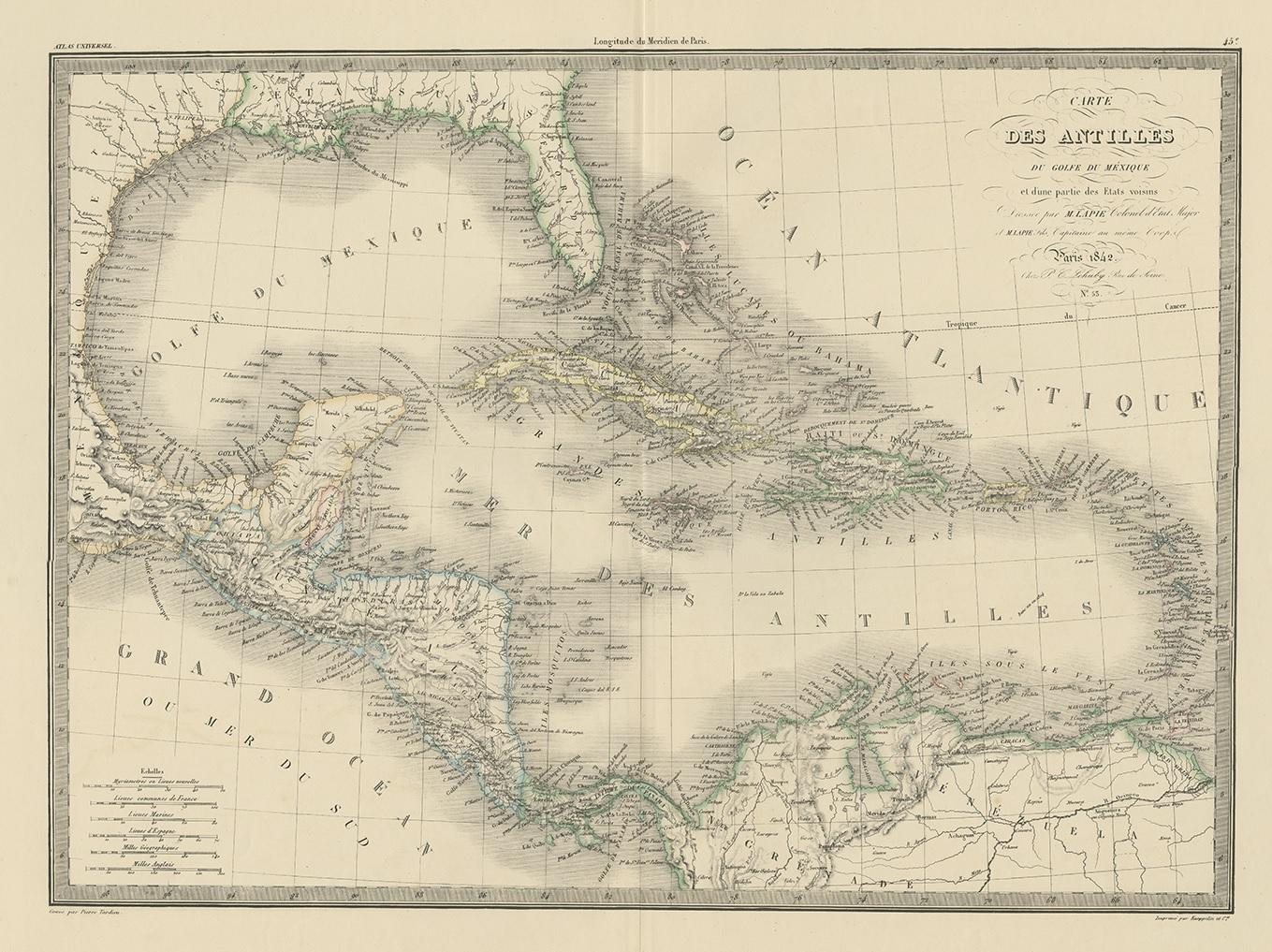 Antique map titled 'Carte des Antilles du Golfe du Méxique'. Map of the Antilles. This map originates from 'Atlas universel de géographie ancienne et moderne (..)' by Pierre M. Lapie and Alexandre E. Lapie. Pierre M. Lapie was a French cartographer