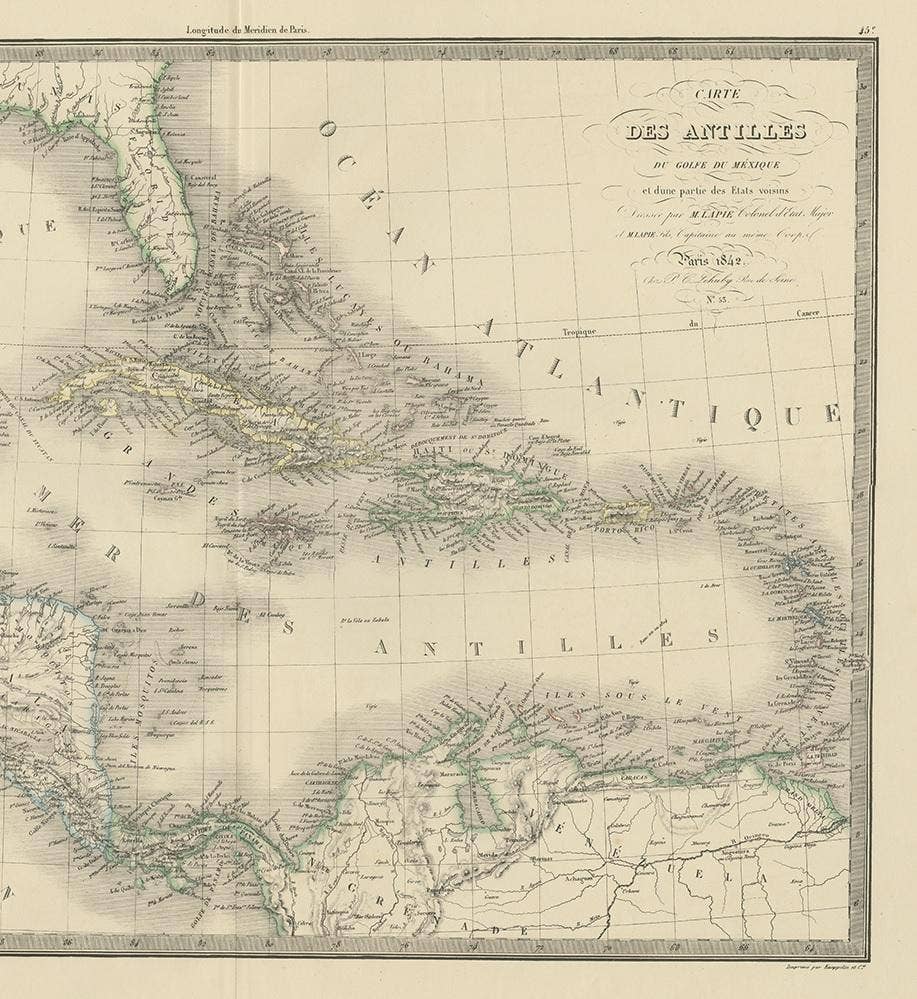 Antique Map of the Antilles by Pierre M. Lapie, Mid-19th Century