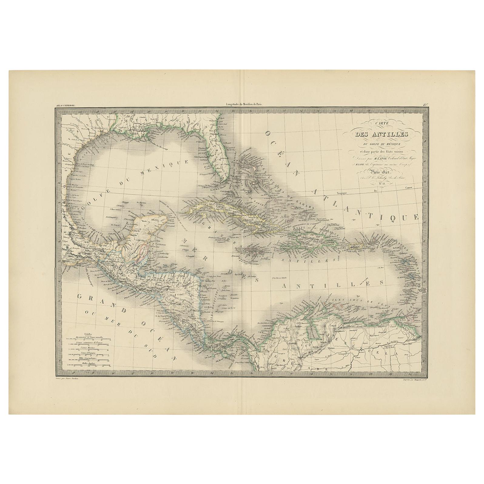 Antique Map of the Antilles by Lapie, '1842' For Sale