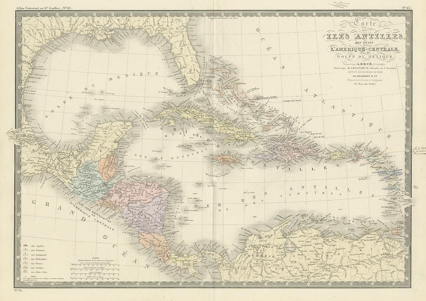 Antique map titled 'Carte des Iles Antilles'. Large map of the Antilles. This map originates from 'Atlas de Géographie Moderne Physique et Politique' by A. Levasseur. Published, 1875.