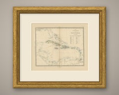 Antique Map of the Antilles or West India Islands with Island Areas, 1858