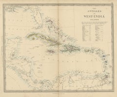 Antique Map of the Antilles or West India Islands with Island Areas, 1858