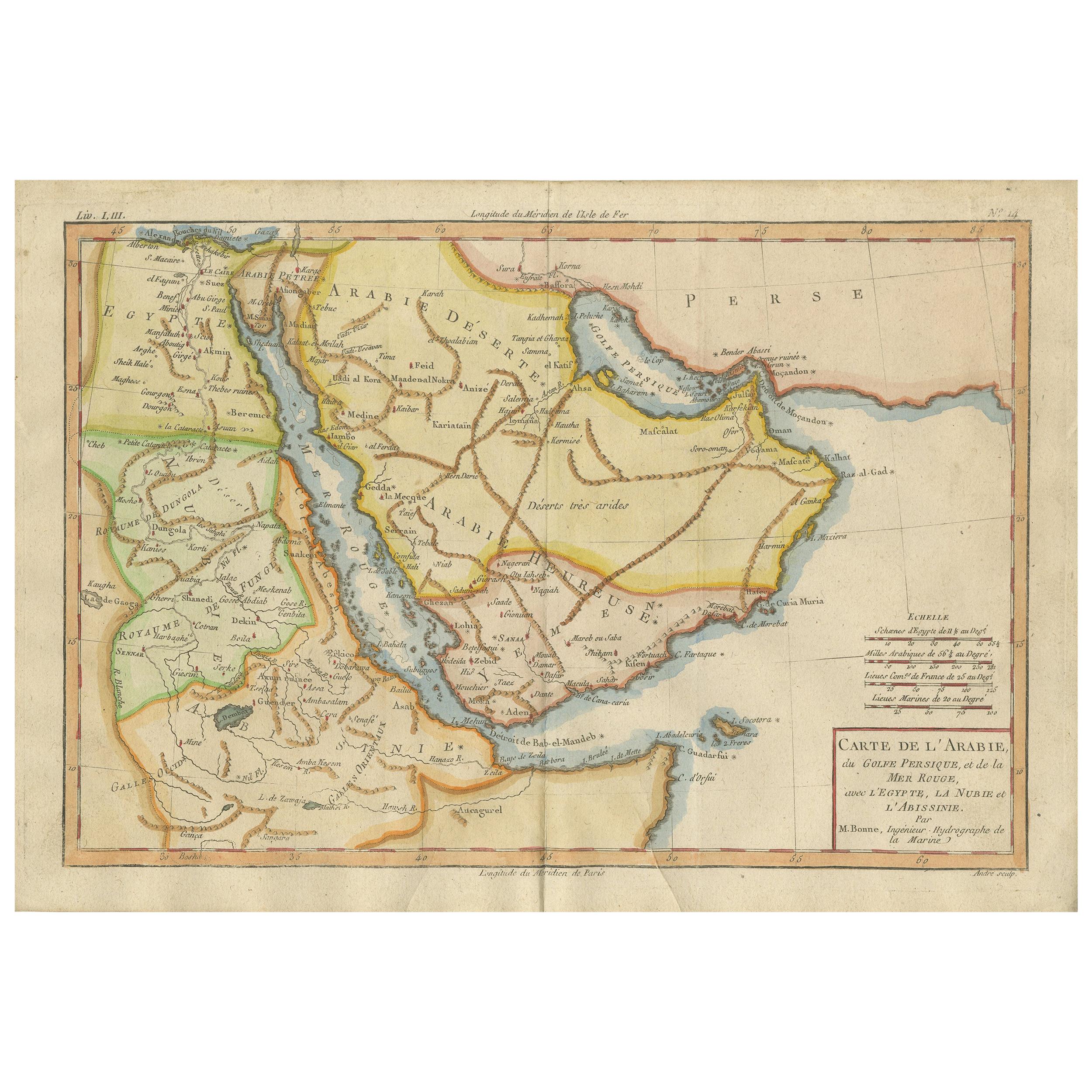 Antique Map of the Arabian Peninsula by Bonne 'c.1780' For Sale