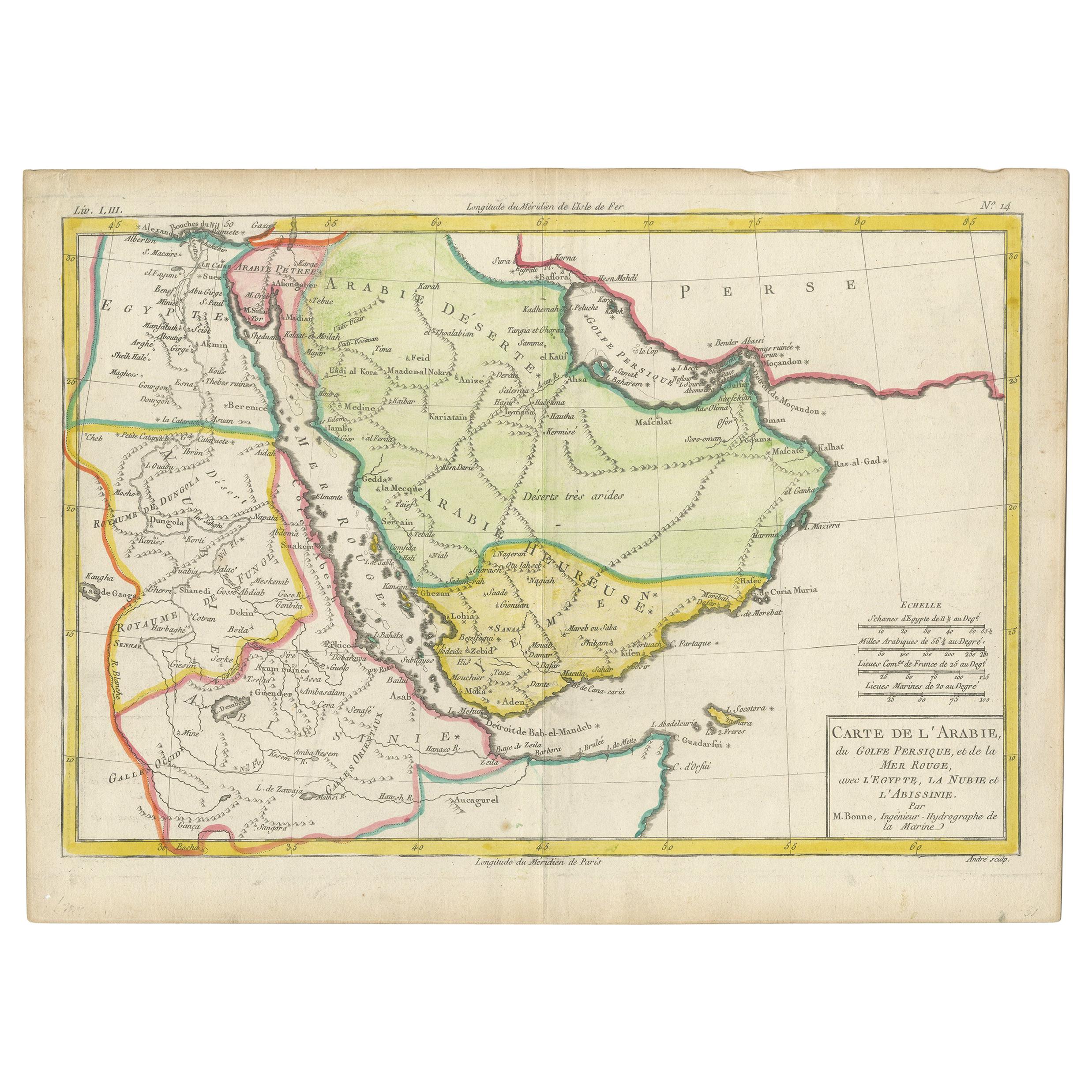 Antique Map of the Arabian Peninsula by Bonne 'c.1780' For Sale