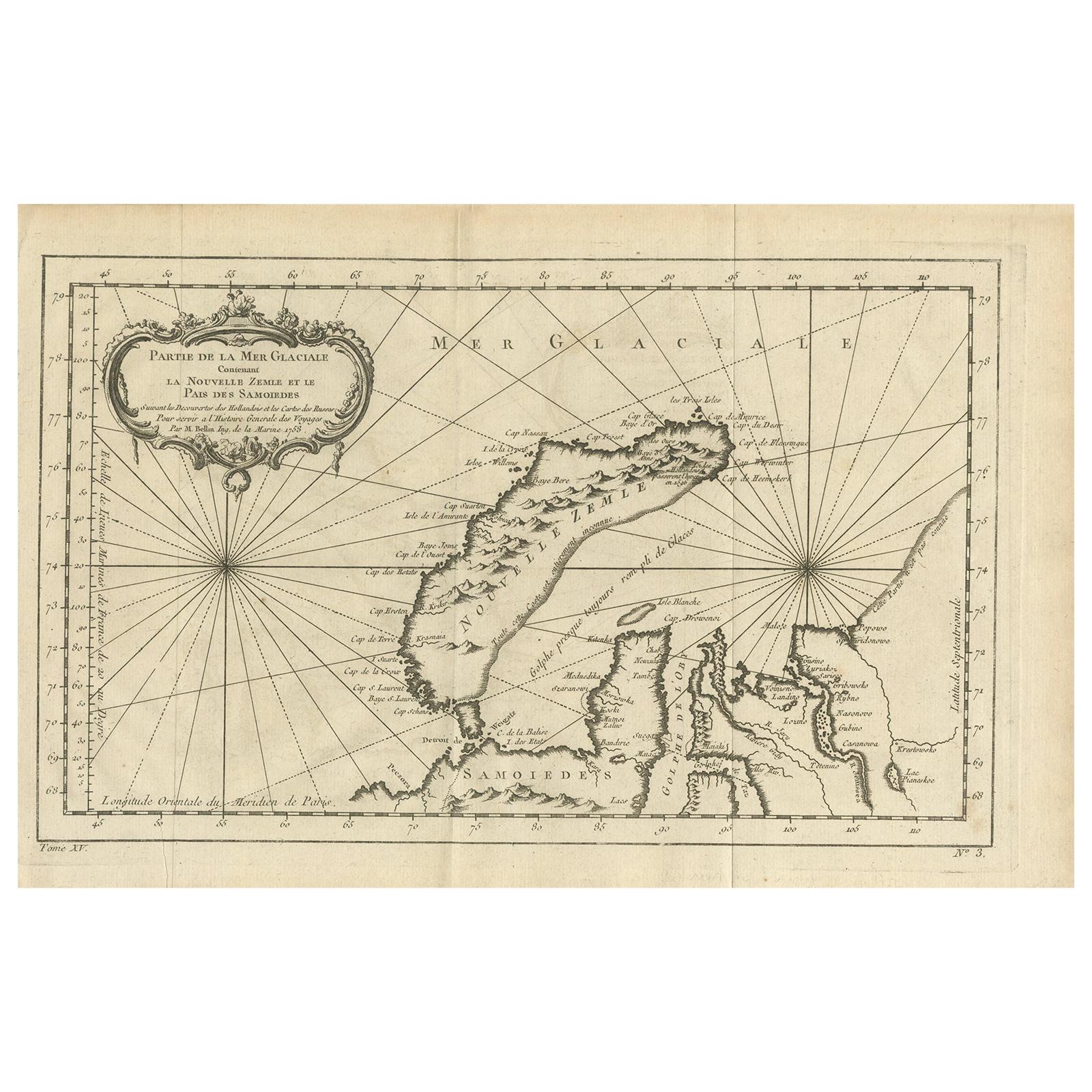 Antique Map of the Arctic Ocean and Novaya Zemlya by Bellin '1759' For Sale