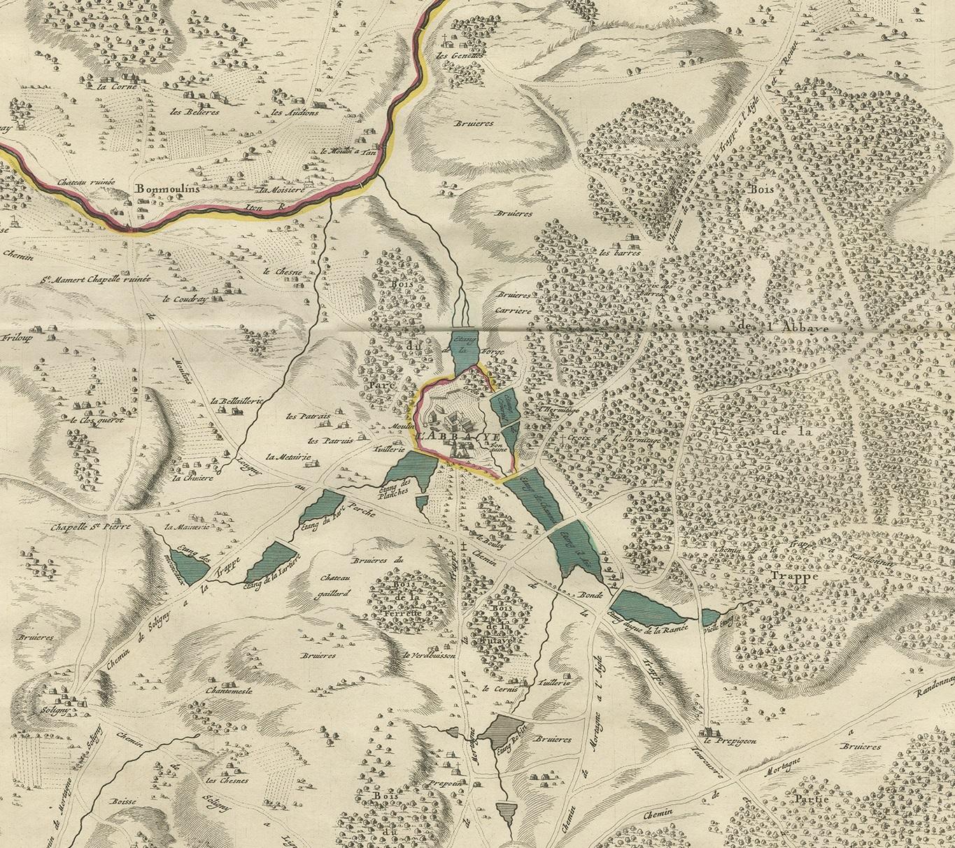Antique Map of the Area around the Abbey in Soligny-la-Trappe 'c.1710' In Good Condition For Sale In Langweer, NL