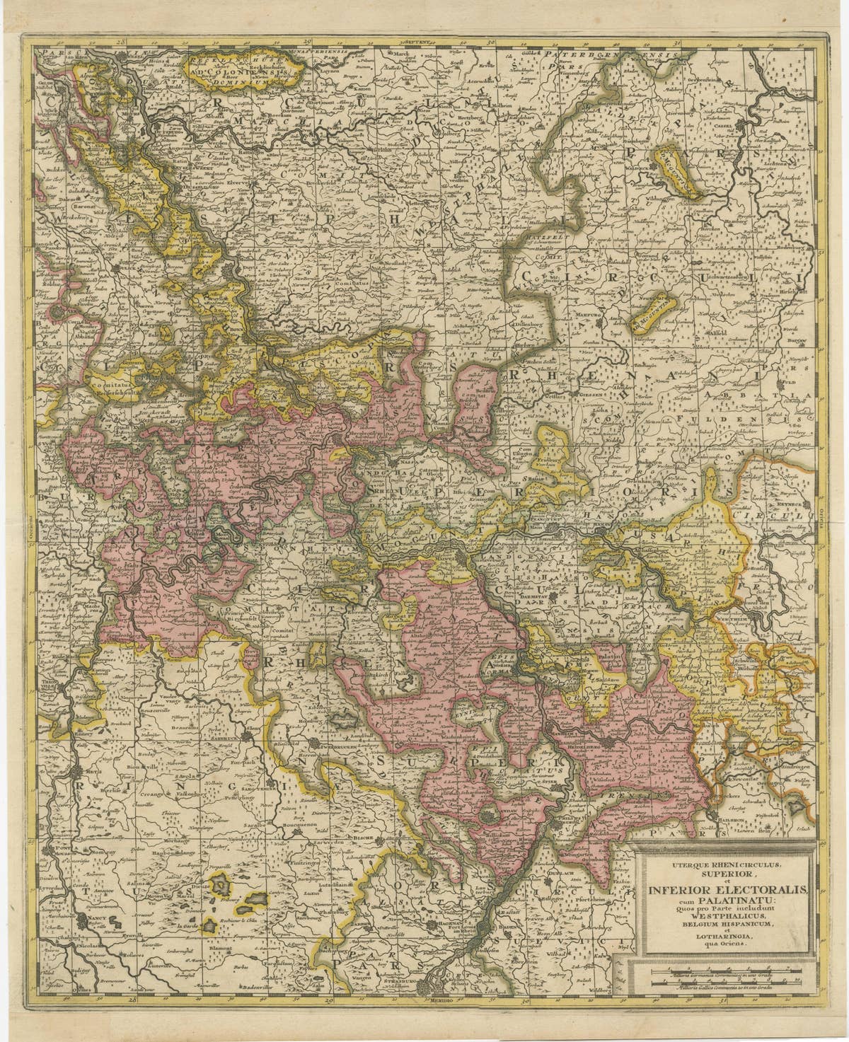 Antique Map of the Area centered on the Rhine River with original coloring