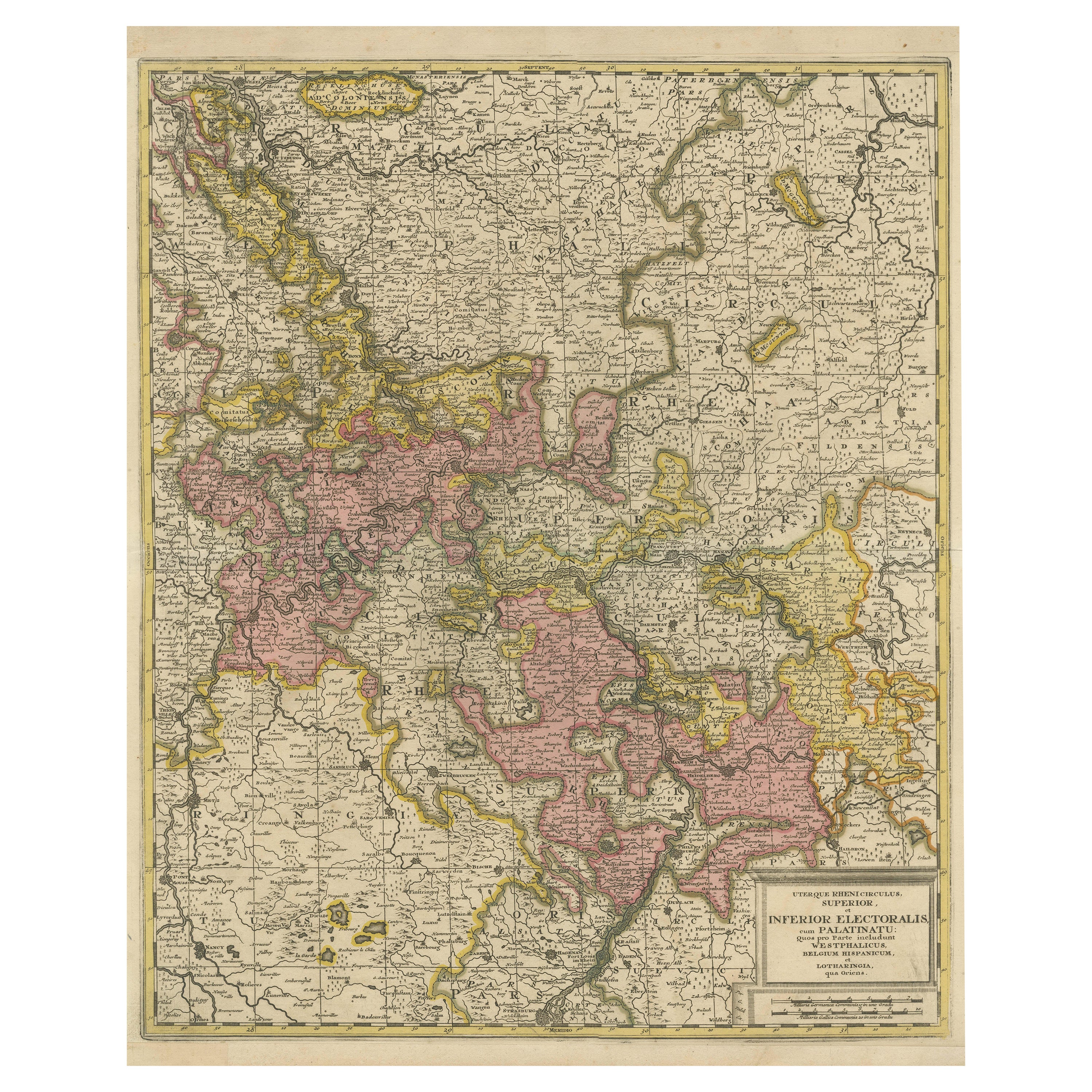 Mappa antica dell'area centrata sul fiume Reno con colorazione originale in vendita