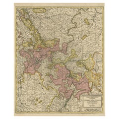 Mapa antiguo de la zona centrada en el río Rin con coloreado original