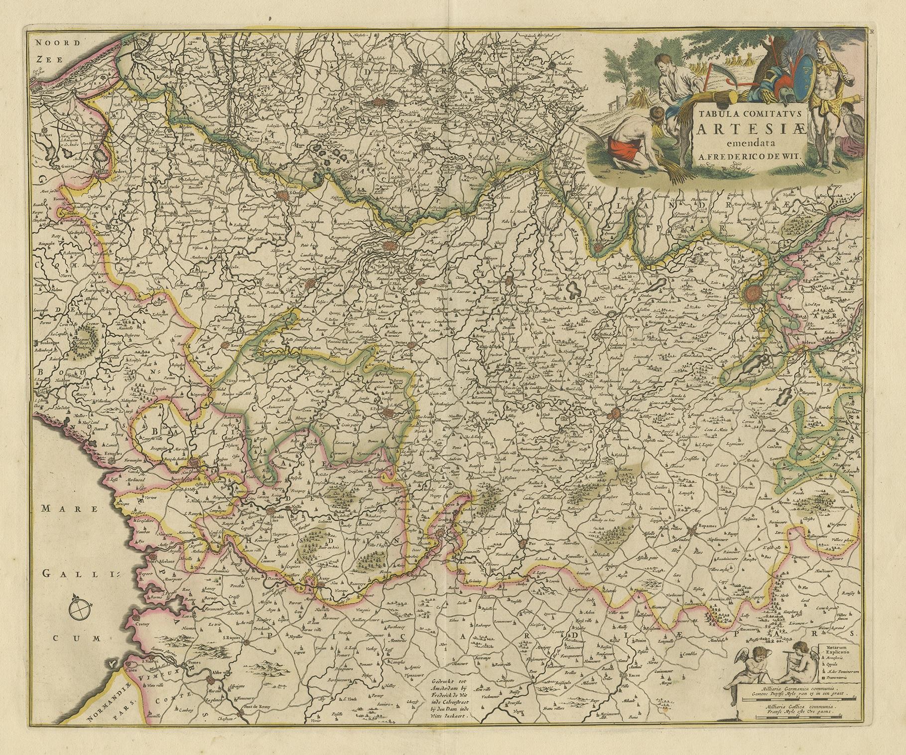 Antique map titled 'Tabula Comitatus Artesiae emendata'. Large map of the Artois region, France. Published by F. de Wit, circa 1680.
