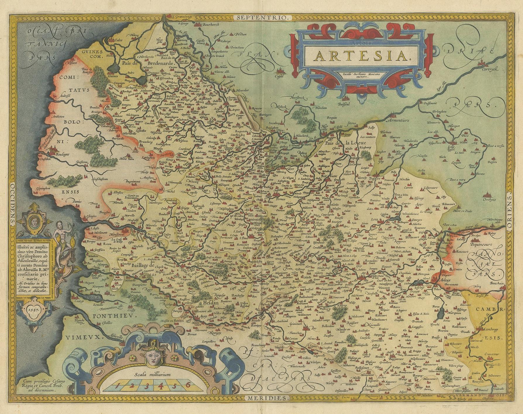 Antique map titled 'Artesia'. Original antique map of the Artois region, France. Published by A. Ortelius, circa 1590.