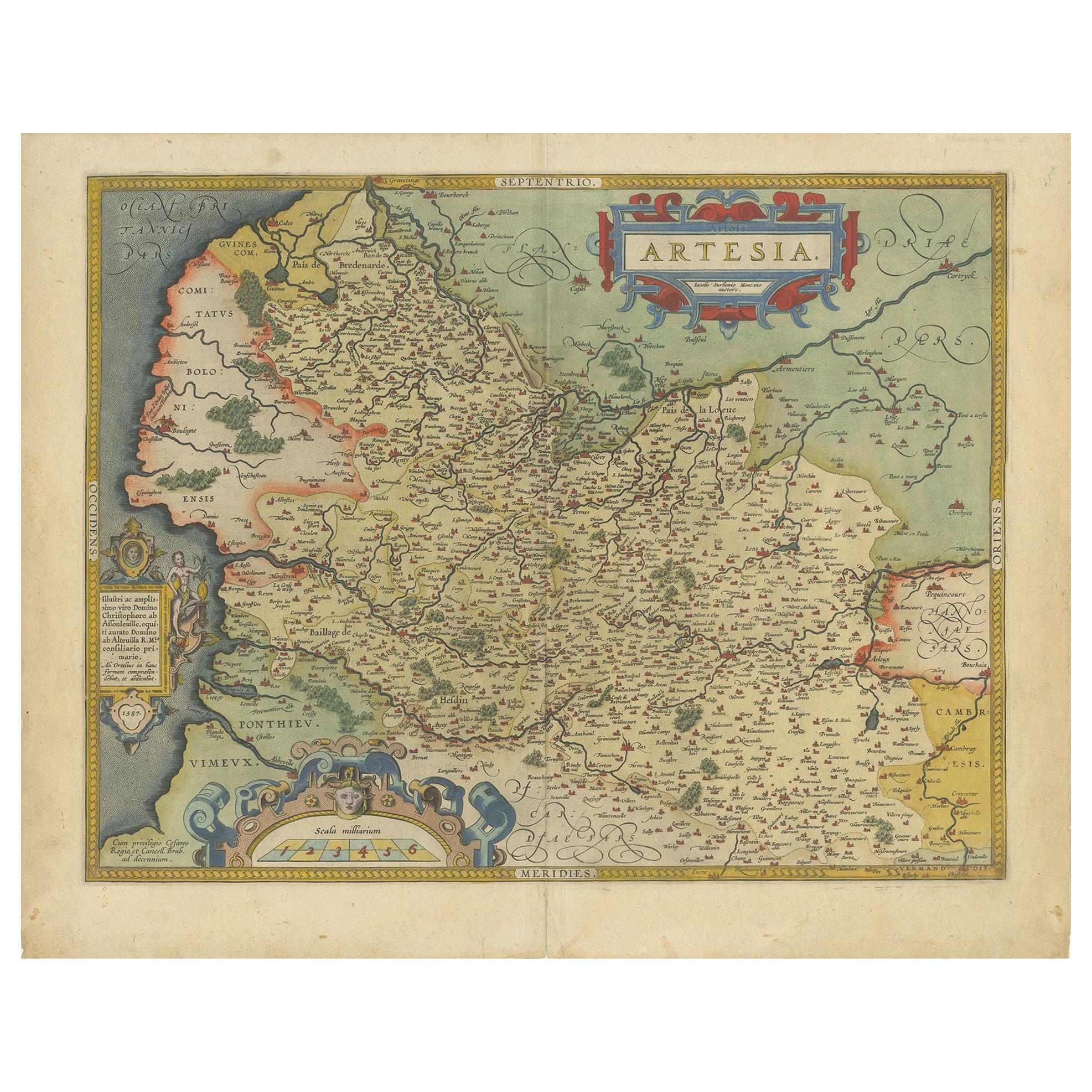 Carte ancienne de la région d'Artois en France par Ortelius, « vers 1590 »