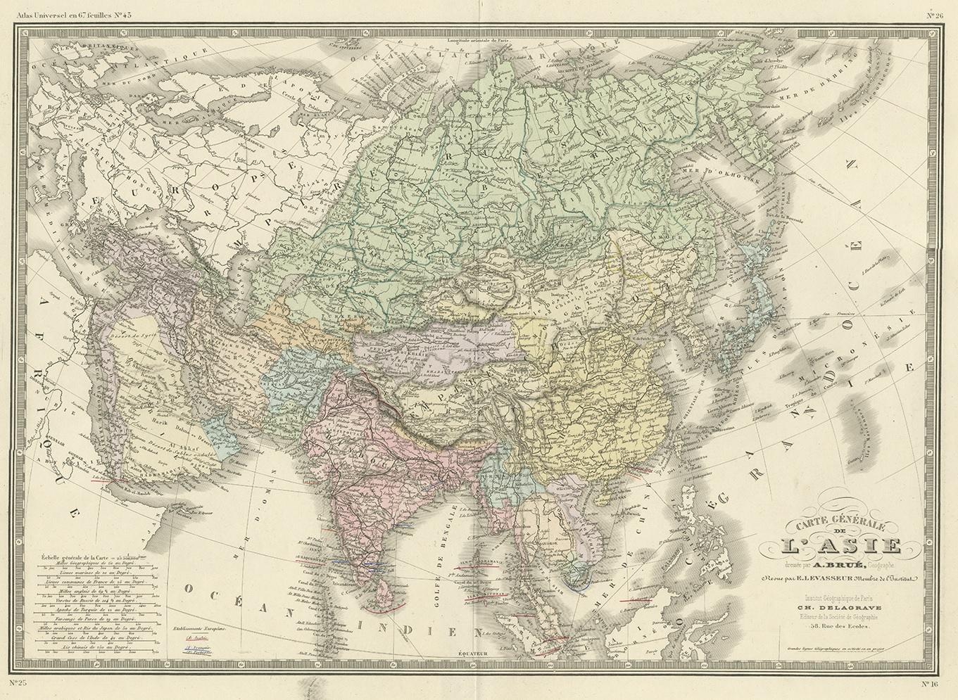 Antique map titled 'Carte générale de l'Asie'. Large map of the Asian Continent. This map originates from 'Atlas de Géographie Moderne Physique et Politique' by A. Levasseur. Published 1875.
