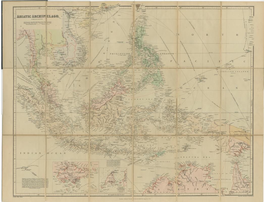 Antique folding map titled 'London Atlas Map of the Asiatic Archipelago'. Centered on the Philippines and Borneo, the map shows a number of different seasonal passages through the region to Hong Kong and Macao. With inset maps of Singapore and