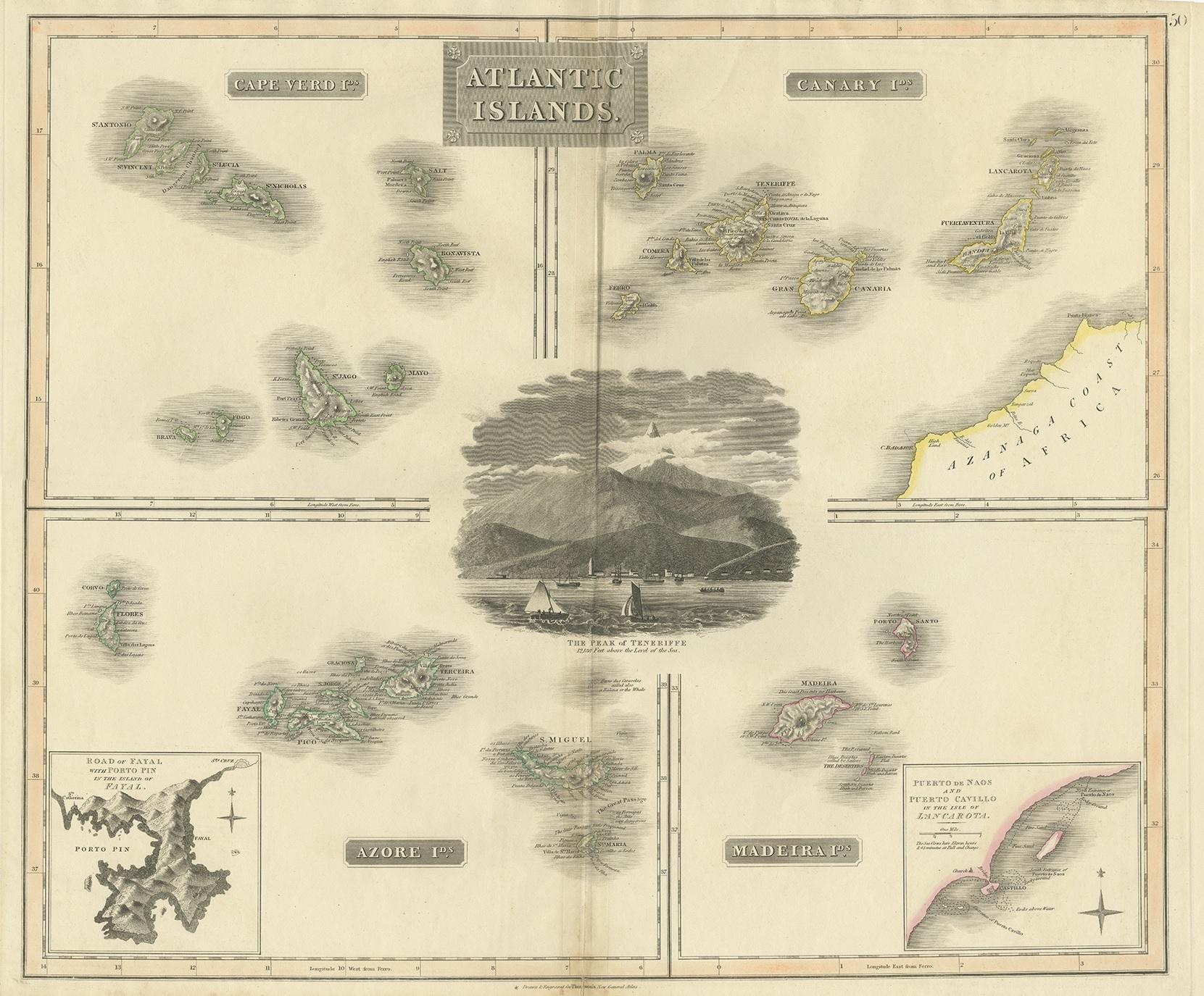 Antique map titled 'Atlantic Islands'. Large map of the Atlantic Islands include the Cape Verde islands, Canary islands, Azore islands and Madeira islands. Also included a view of the peak of Tenerife. Originates from 'A New General Atlas,