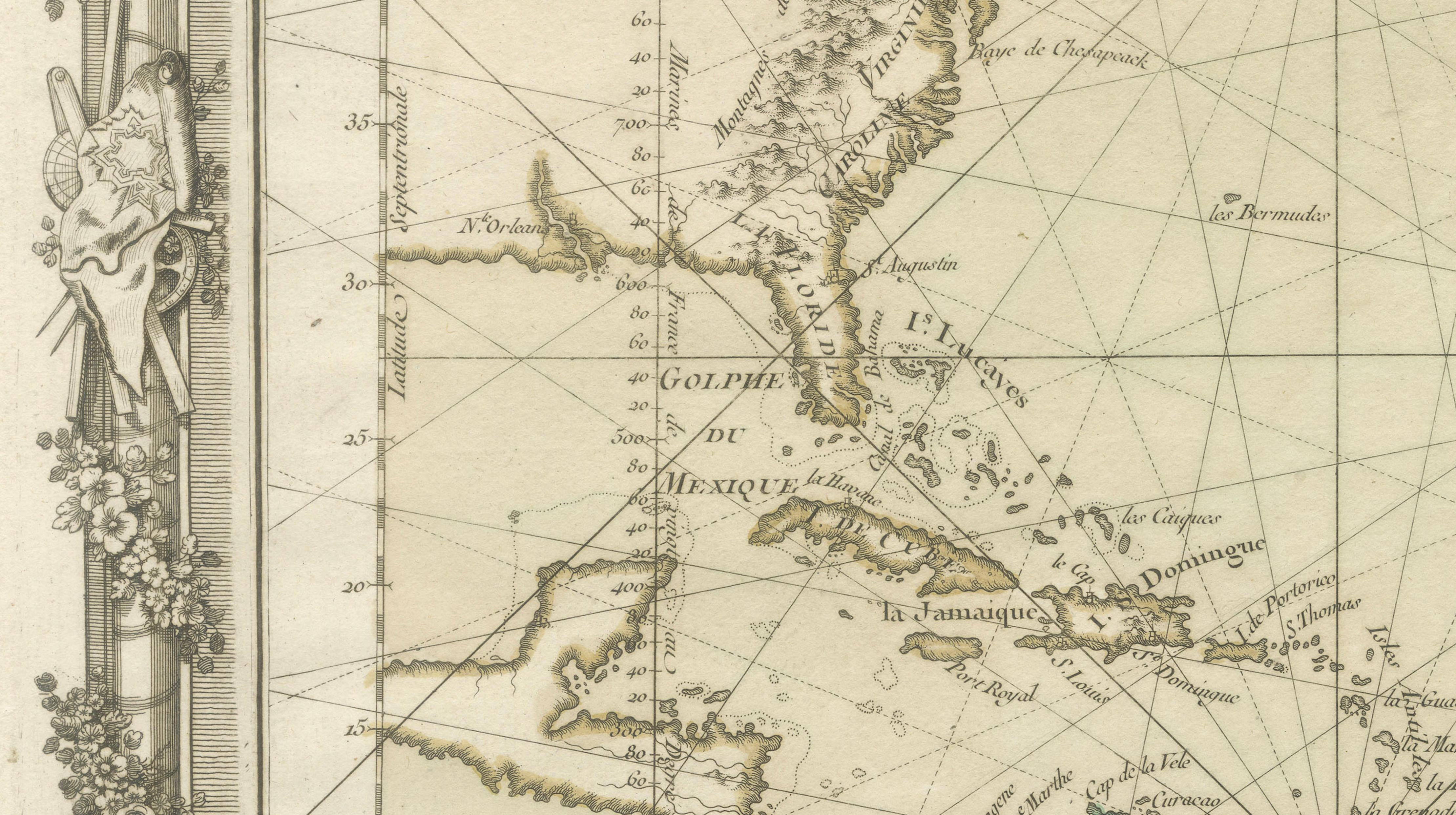 Antique Map of the Atlantic Ocean by Desnos with Ornate Border, 1761