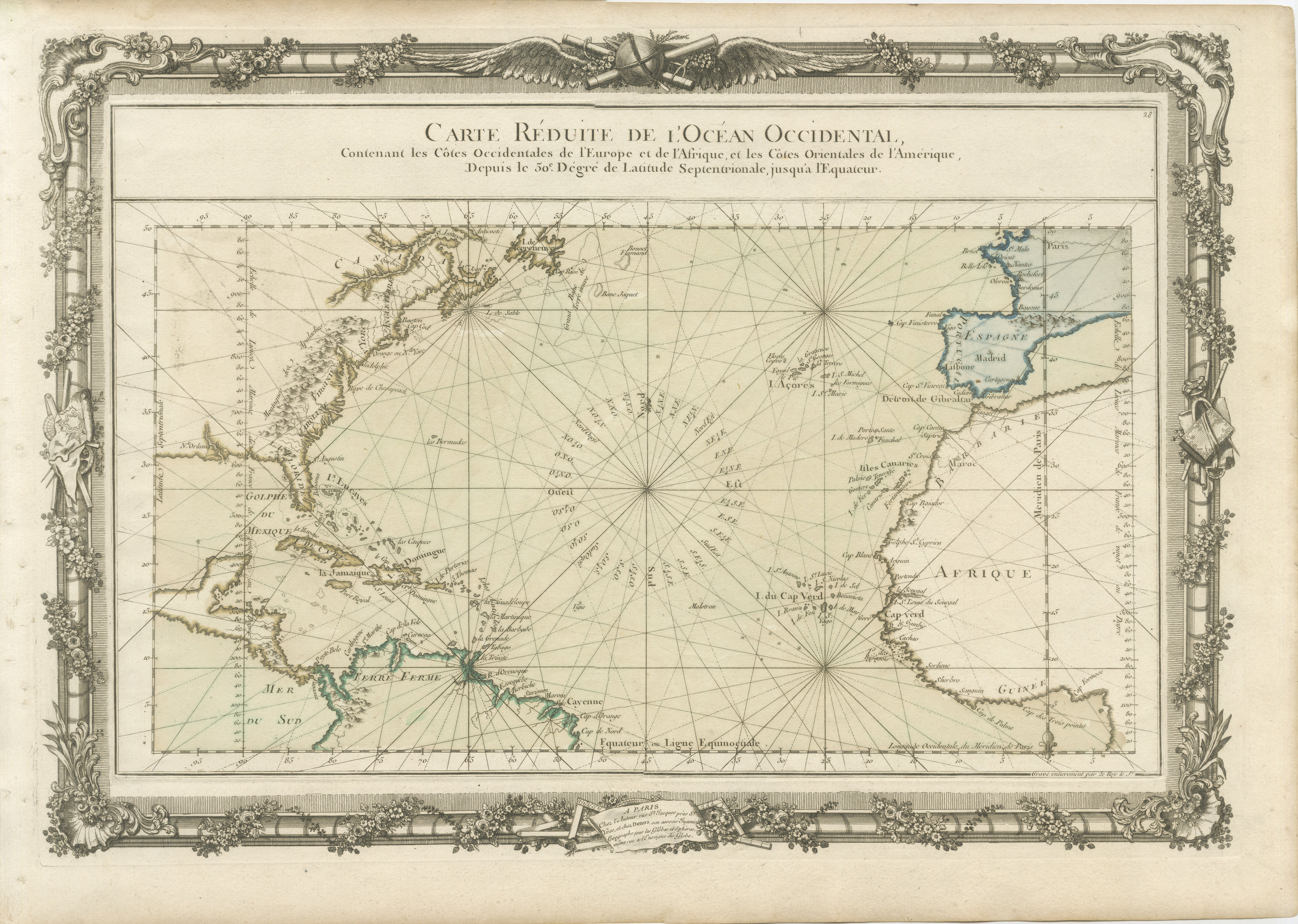 Antique Map of the Atlantic Ocean by Desnos with Ornate Border, 1761