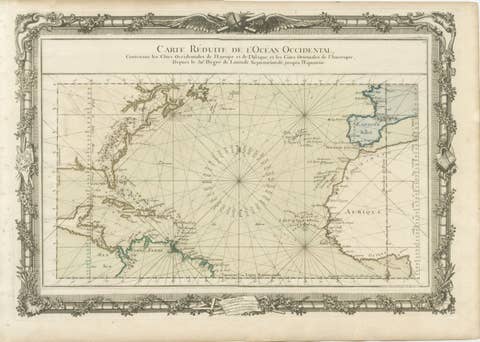 Antique Map of the Atlantic Ocean by Desnos with Ornate Border, 1761