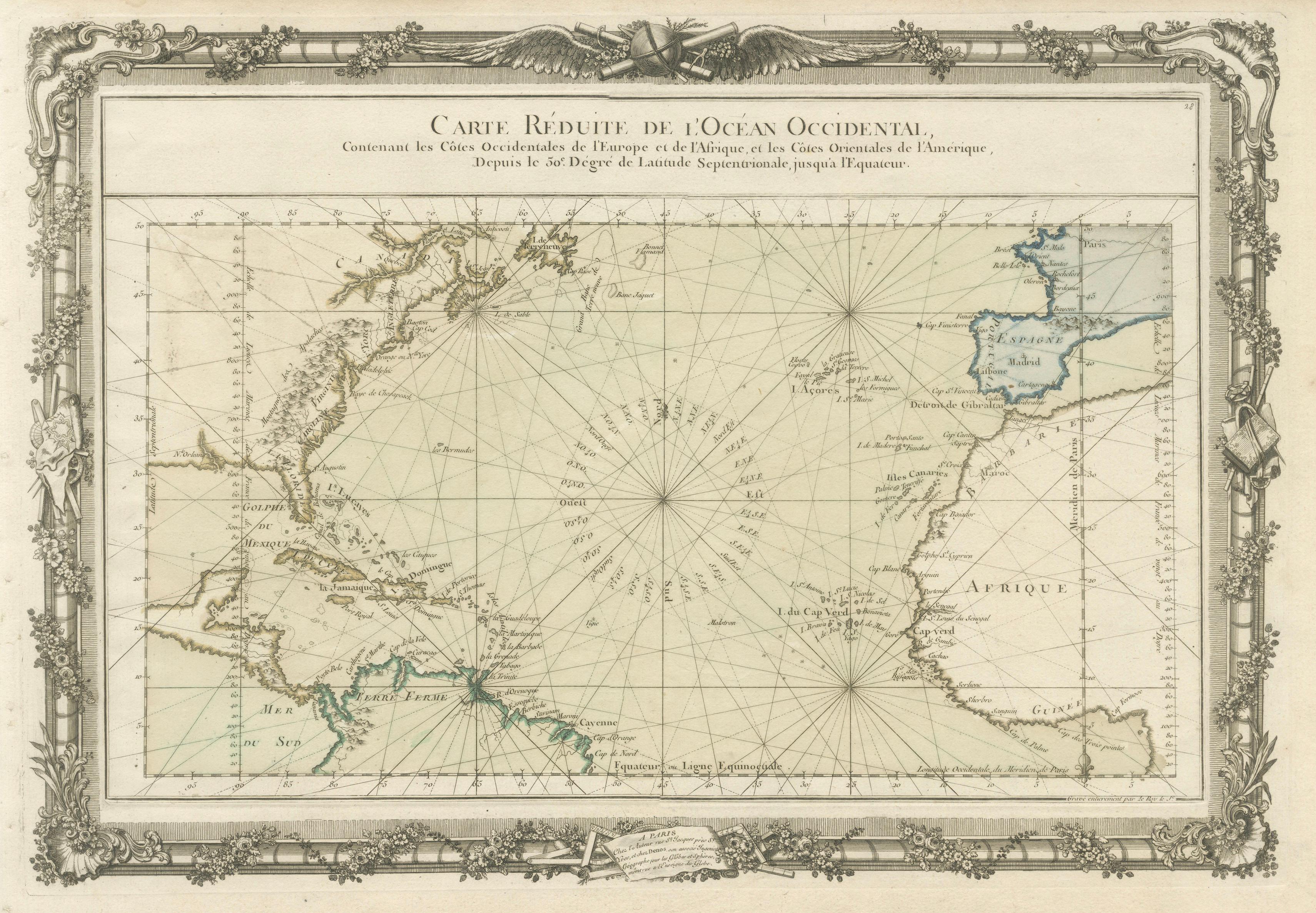 Antique Map of the Atlantic Ocean by Desnos with Ornate Border, 1761