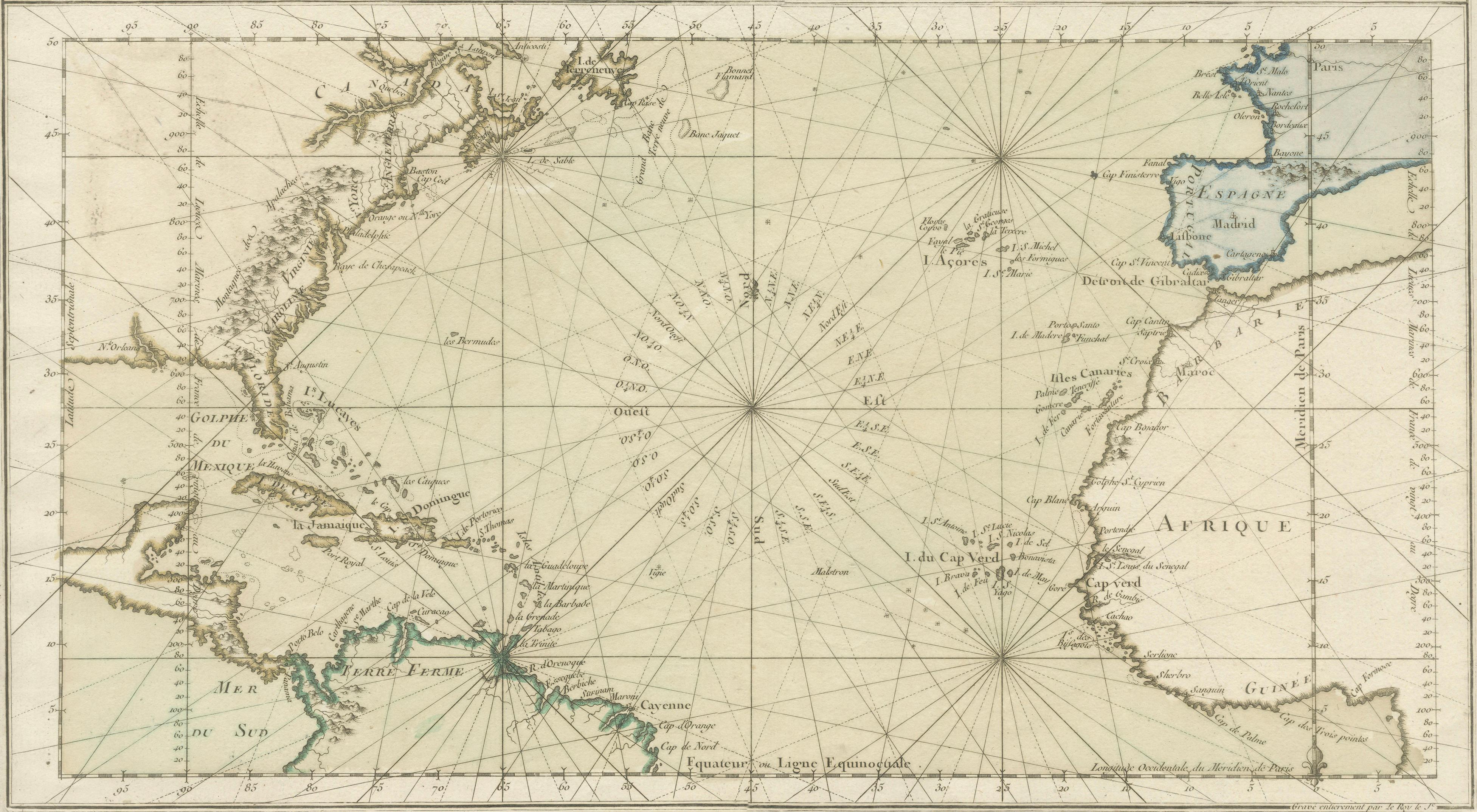 Antique Map of the Atlantic Ocean by Desnos with Ornate Border, 1761