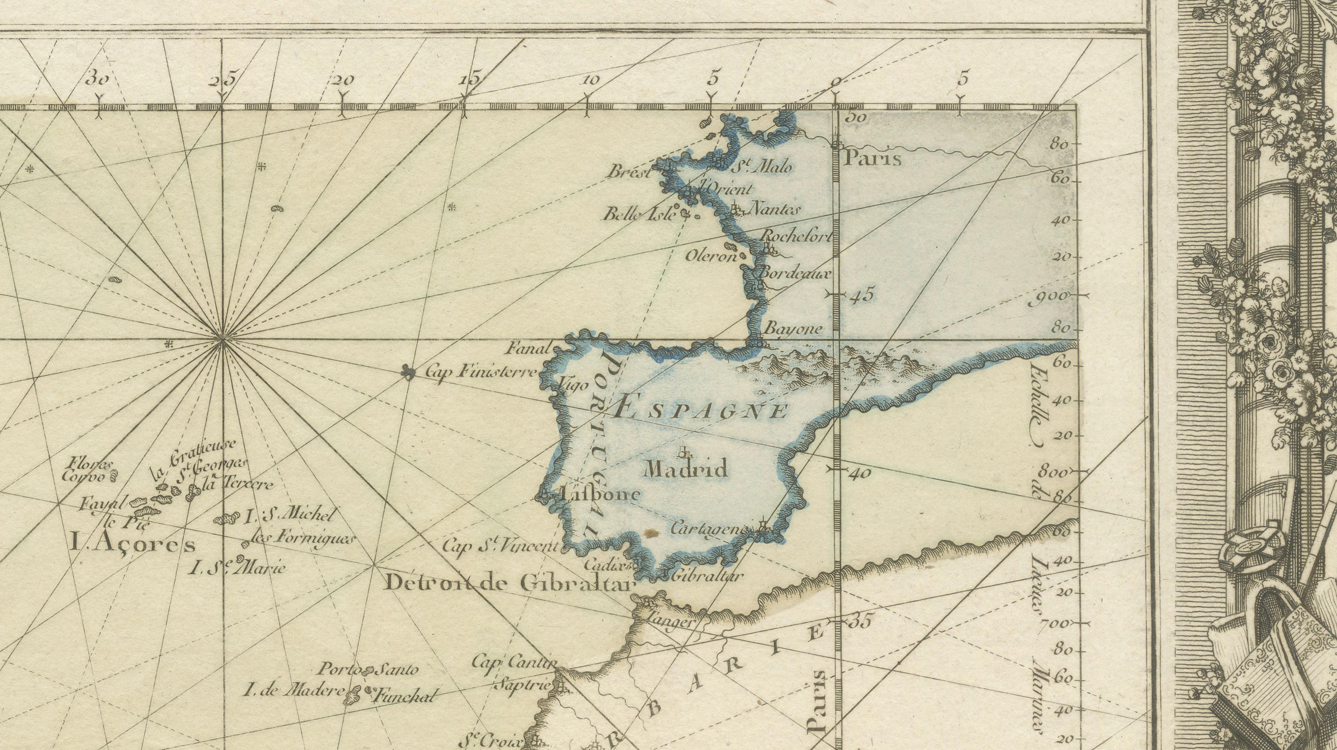 Antique Map of the Atlantic Ocean by Desnos with Ornate Border, 1761