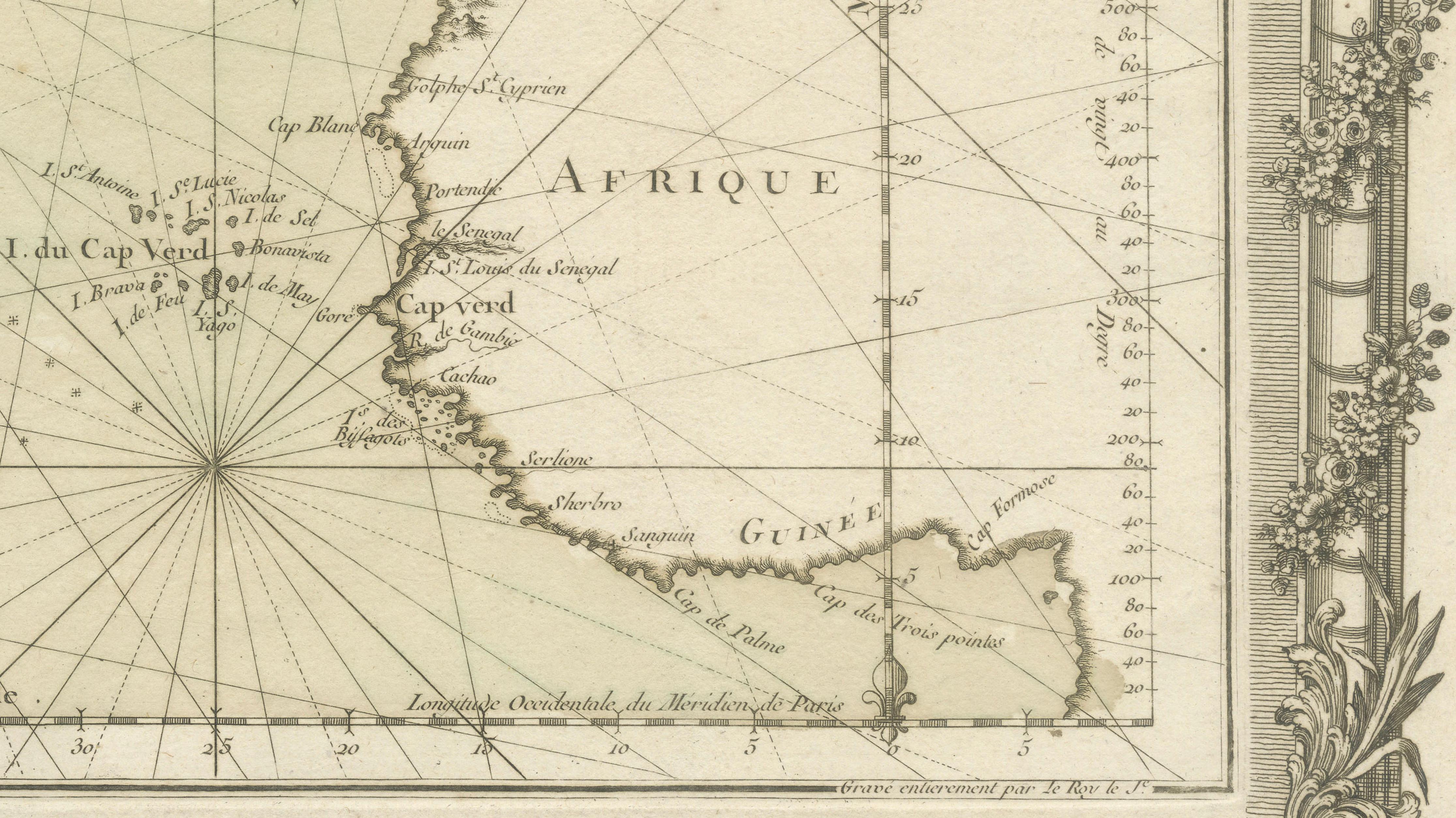 Antique Map of the Atlantic Ocean by Desnos with Ornate Border, 1761