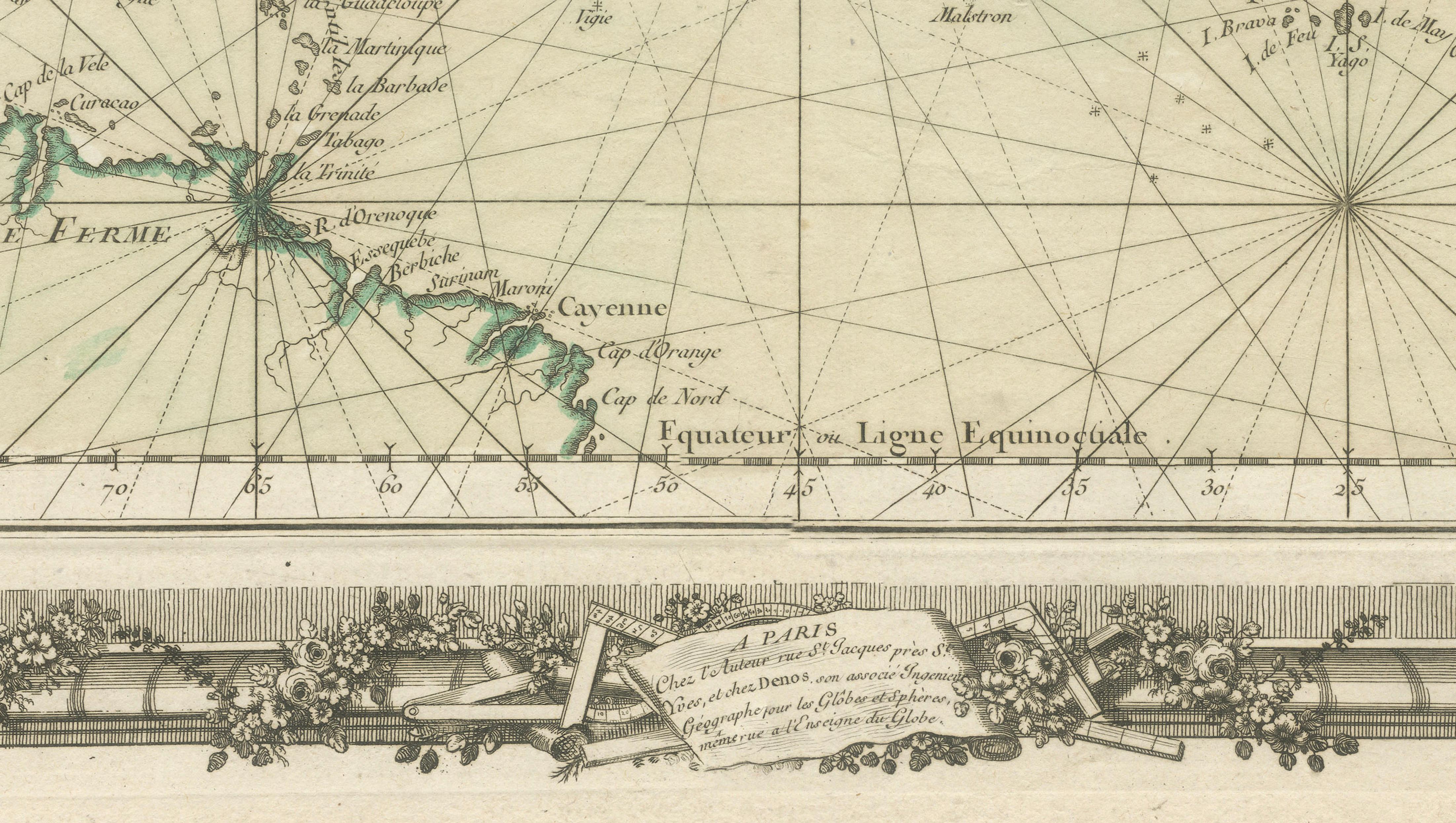 Antique Map of the Atlantic Ocean by Desnos with Ornate Border, 1761