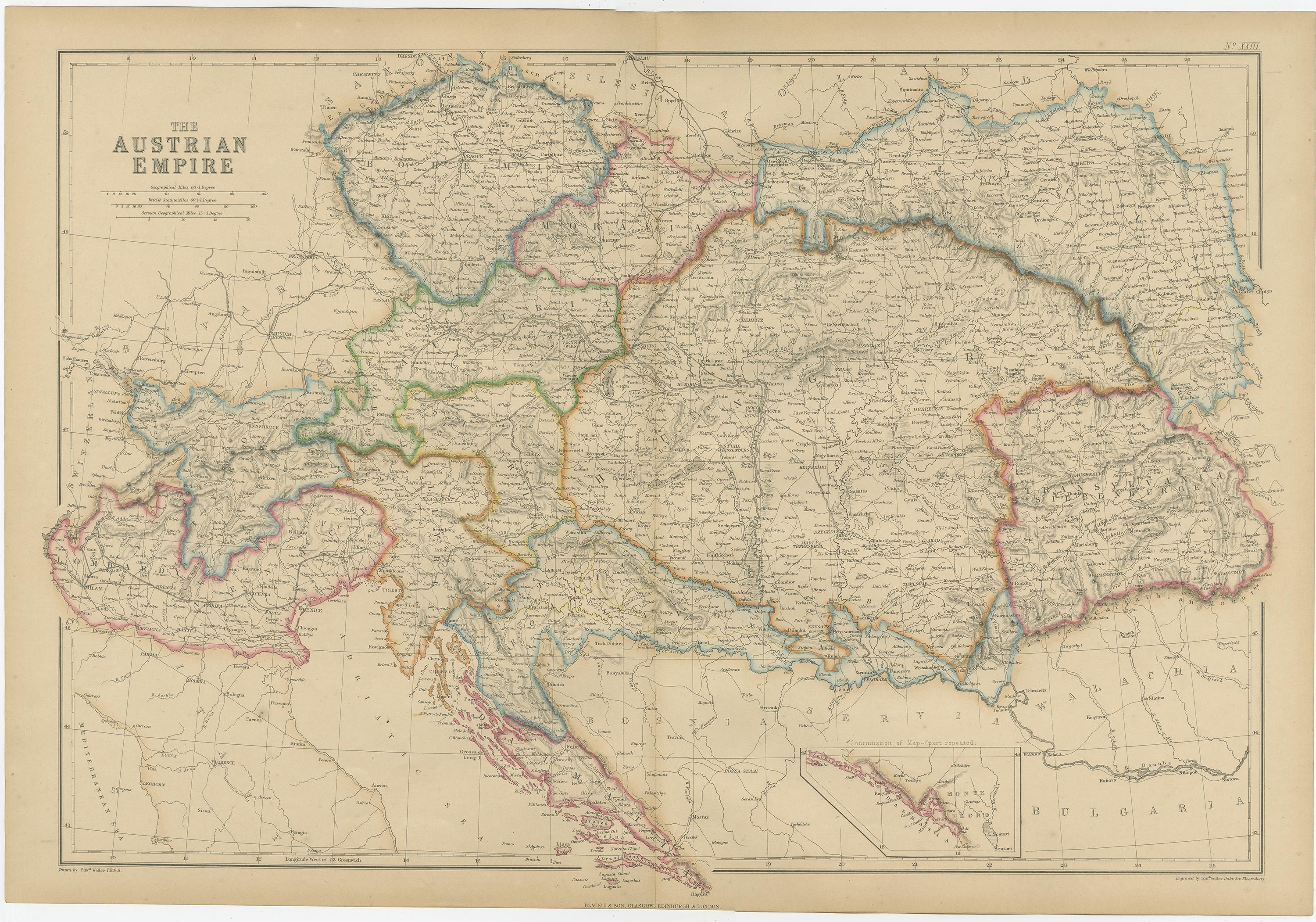 Antique map titled 'The Austrian Empire'. Original antique map of the Austrian Empire with inset map of Montenegro. This map originates from ‘The Imperial Atlas of Modern Geography’. Published by W. G. Blackie, 1859.