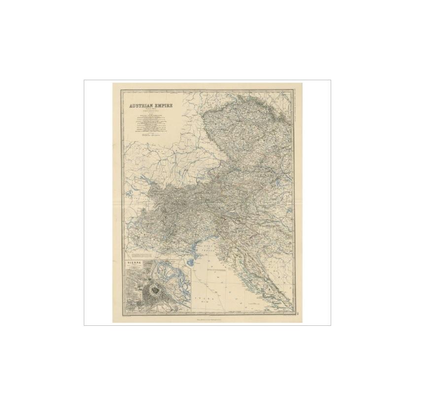 Antique map titled 'Austrian Empire (Western Sheet)'. Depicting Dalmatia, Istria, Croatia, Bohemia and more. With an inset map of Vienna (Wien). This map originates from the ‘Royal Atlas of Modern Geography’ by Alexander Keith Johnston. Published by