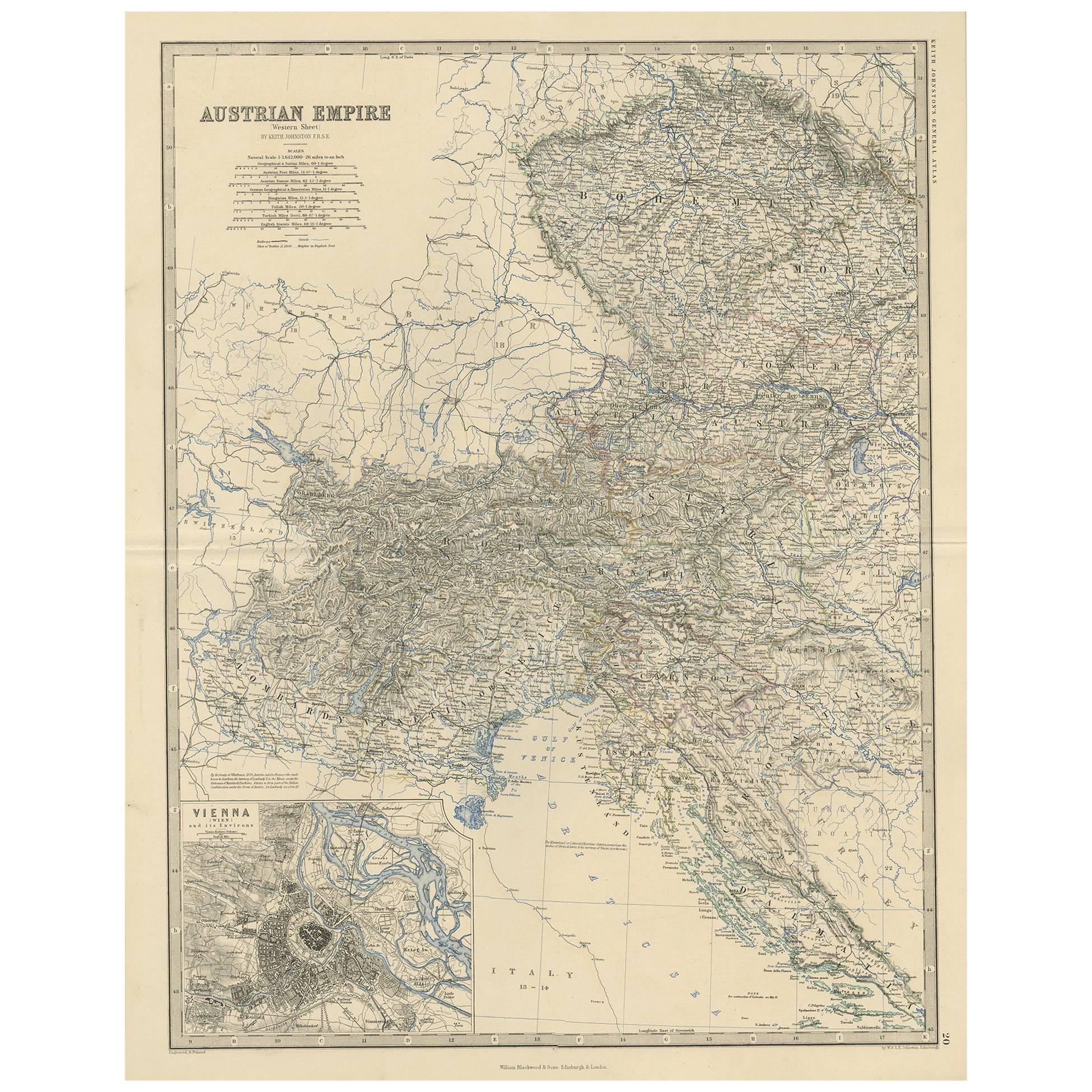 Antique Map of the Austrian Empire ‘West’ by A.K. Johnston, 1865