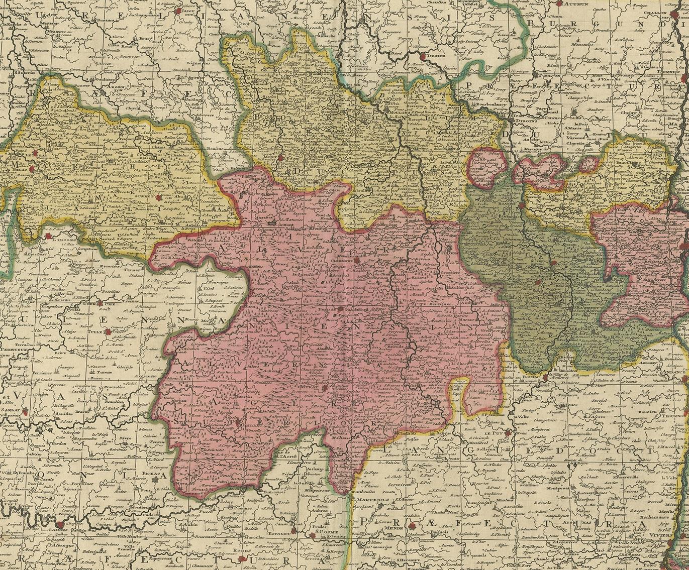 Antique map titled 'Praefectura Lugdunensis Generalis'. Detailed map of the Auvergne-Rhône-Alpes region in the southeast of France. To the east the Rhône from Chalon-sur-Saône, Mâcon, Lyon, Valence to Montélimar. To the west Argenton-sur-Creuse and