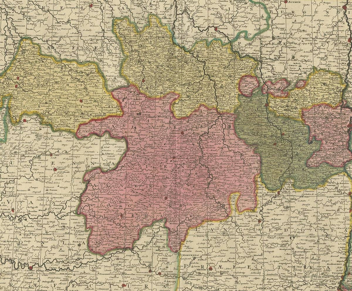 Antique Map of the Auvergne-Rhône-Alpes region of France by Valk, circa 1730