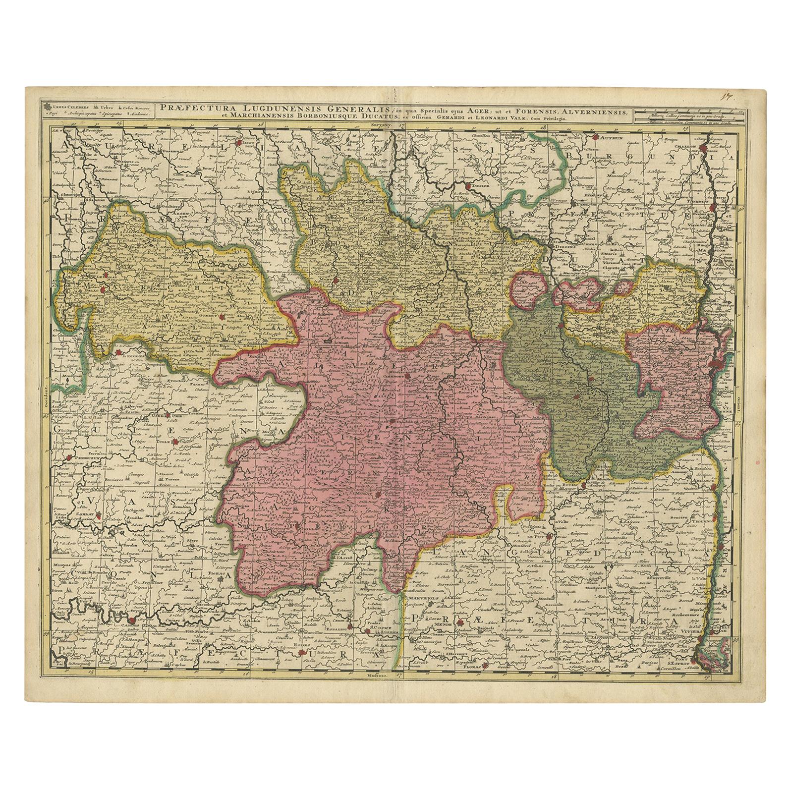 Antique Map of the Auvergne-Rhône-Alpes region of France by Valk, circa 1730
