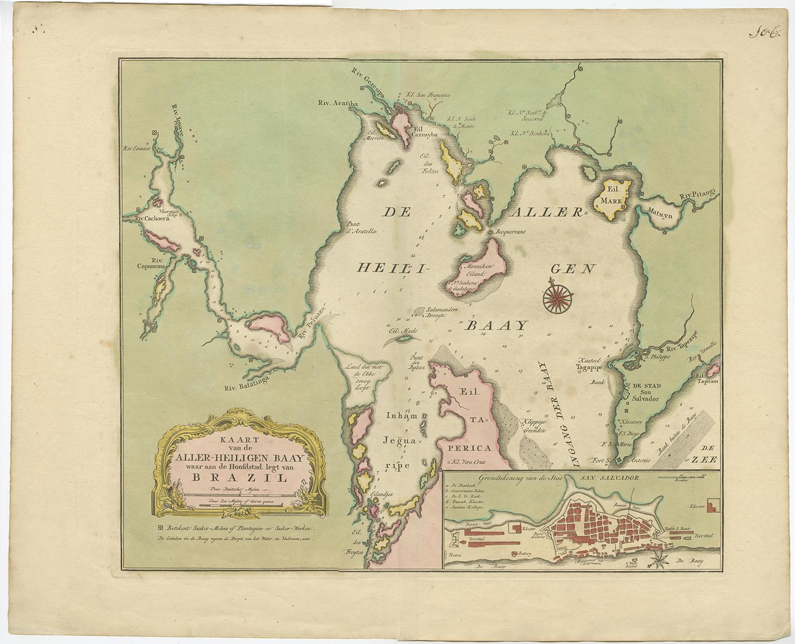 Antique map titled 'Kaart Van De Aller-Heiligen Baay Waar aan de Hoofdstad legt van Brazil.', Detailed map of the Bahia Todos Santos in Brazil, with a large inset plan of San Salvador.